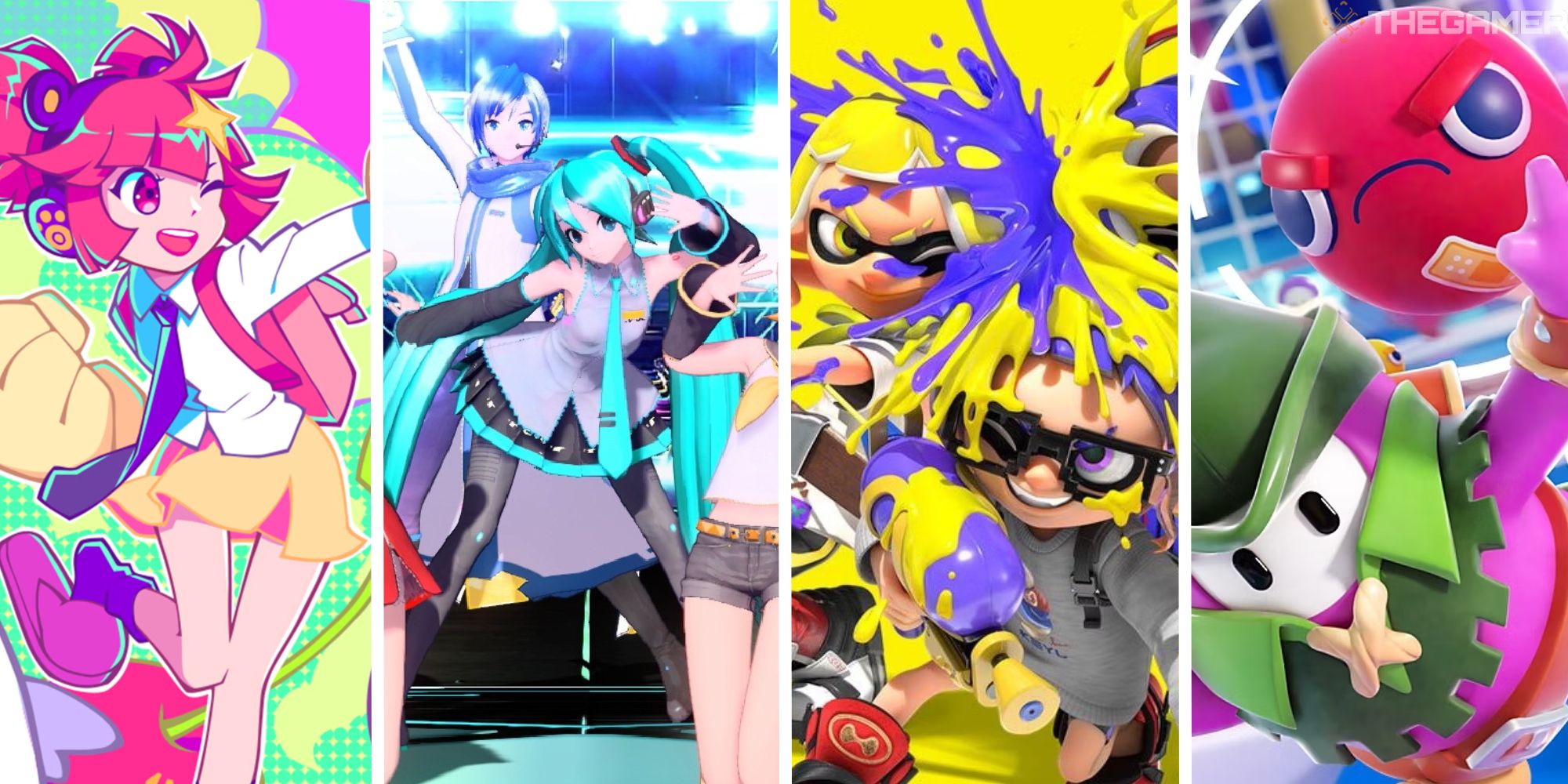 split image with art from muse dash, project diva, splatoon, and fall guys