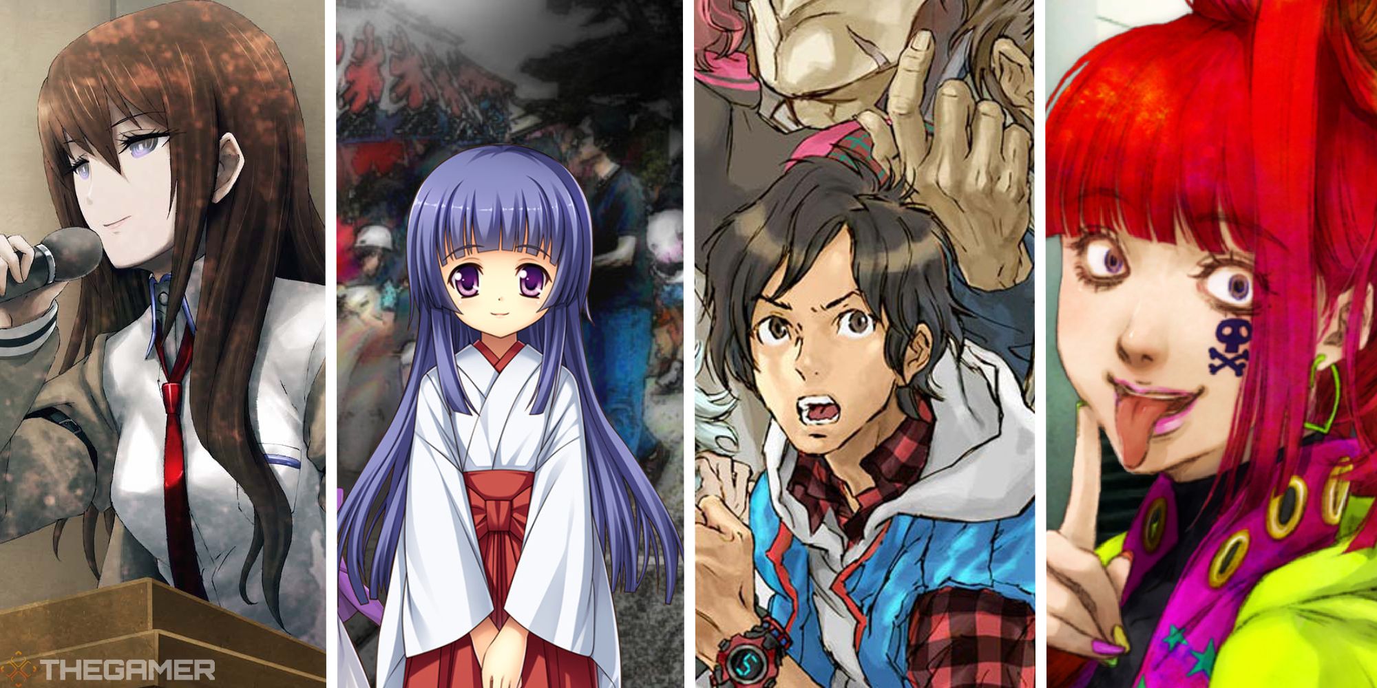 split image with art from steins;gate, when they cry, zero escape, and gnosia