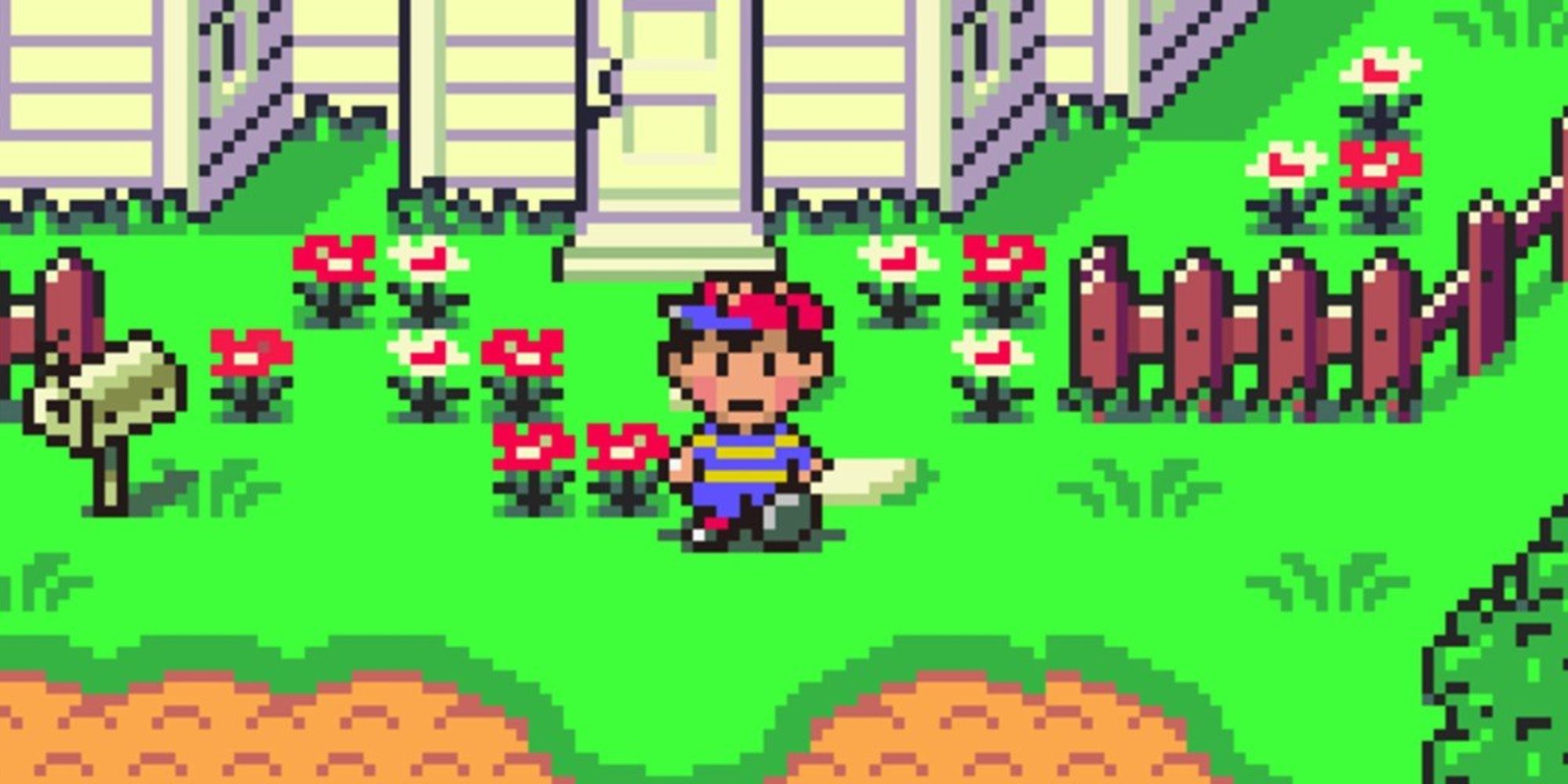 Standing in front of a house surrounded by flowers, ness stuck in the ground