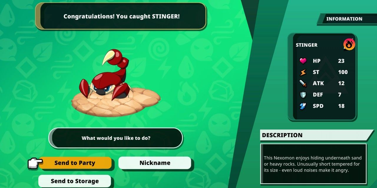 Nexomon: Extinction screenshot of a caught Stinger