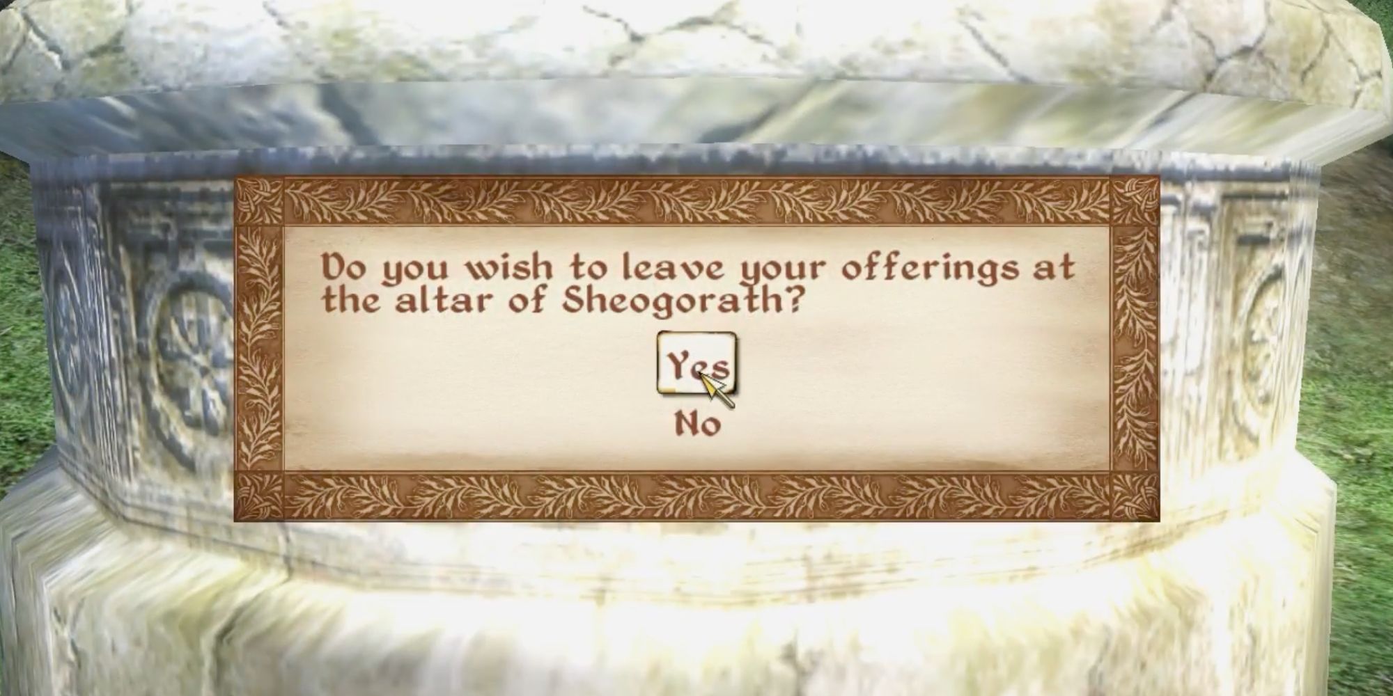 A screenshot of Oblivion, showing the Hero leaving an offering at the altar of Sheogorath to initiate the Sheogorath quest