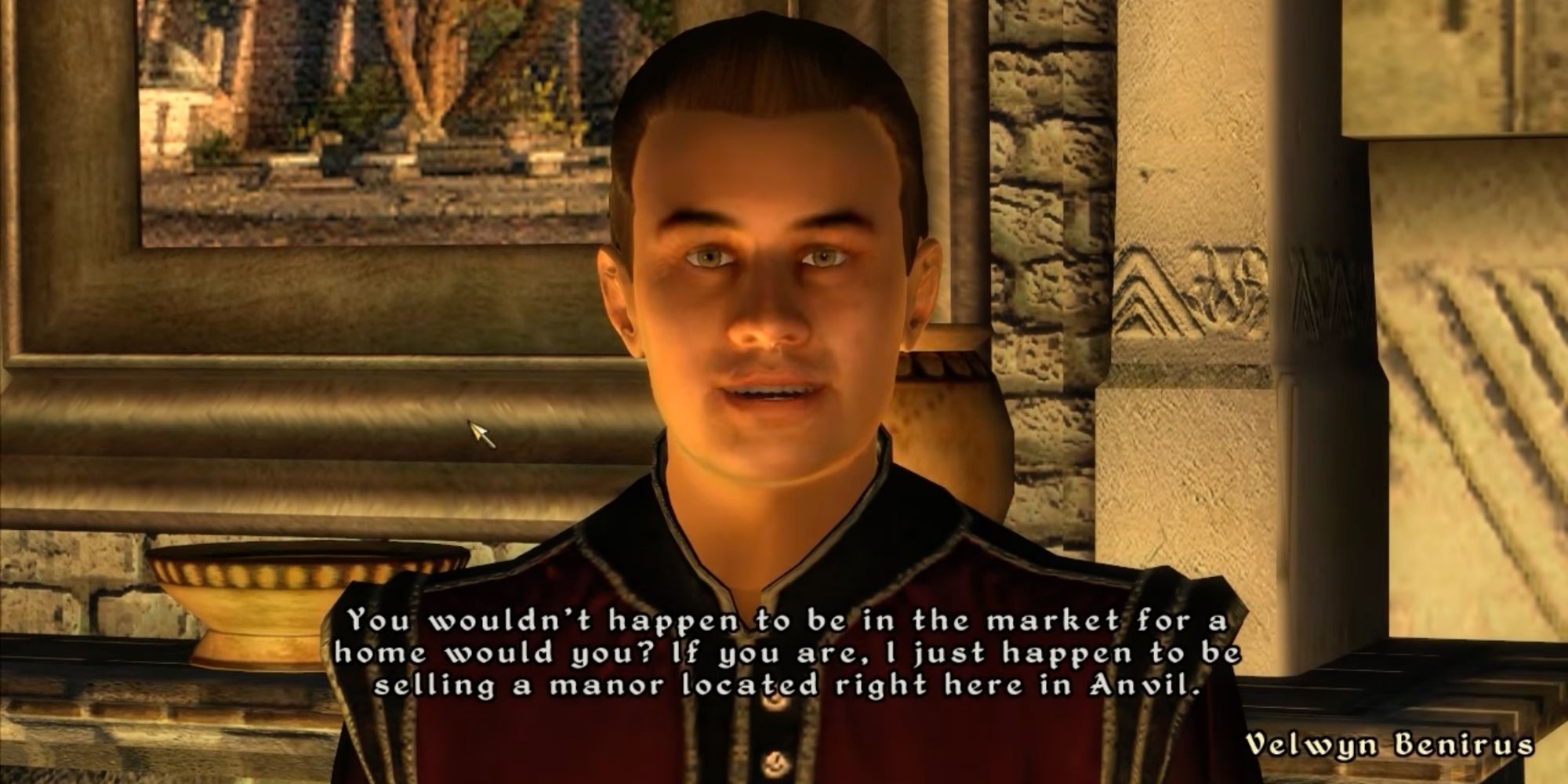A screenshot of Oblivion, showing Velwyn Benirus offering the player a manor in Anvil
