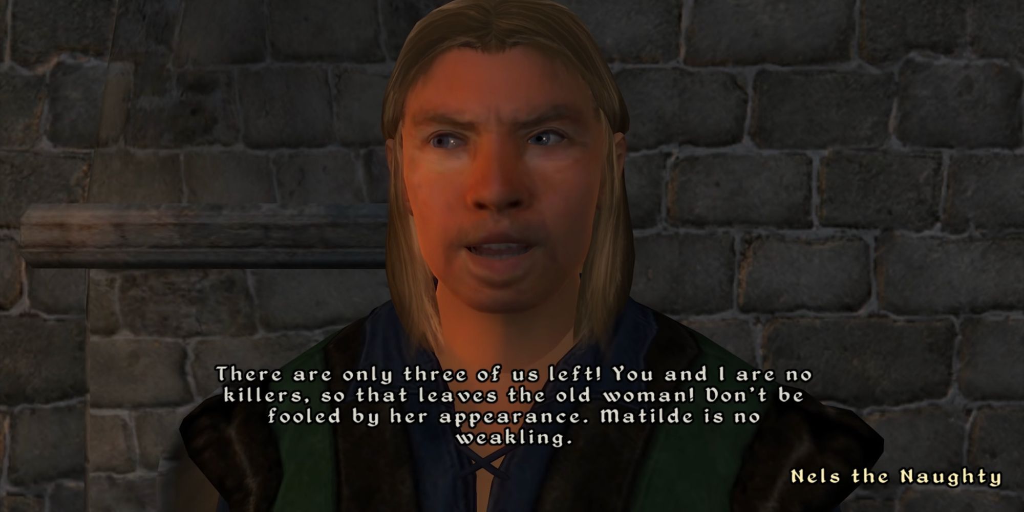 A screenshot of Oblivion, showing Ned The Naughty tell the player character not to trust the old woman Matilde