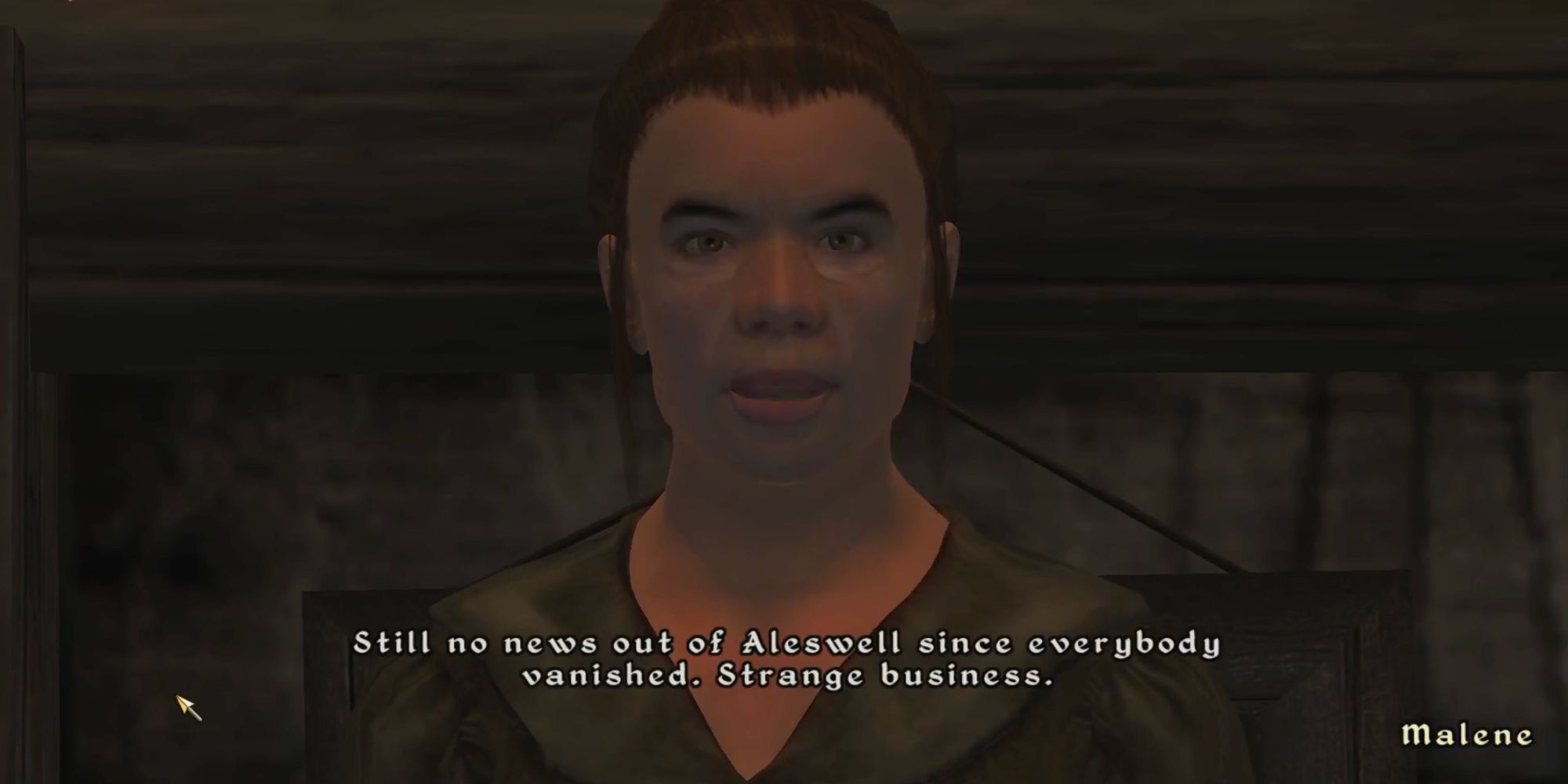 A screenshot of Oblivion, showing the innkeeper Malene telling the player about the disappearance of the villagers in Aleswell