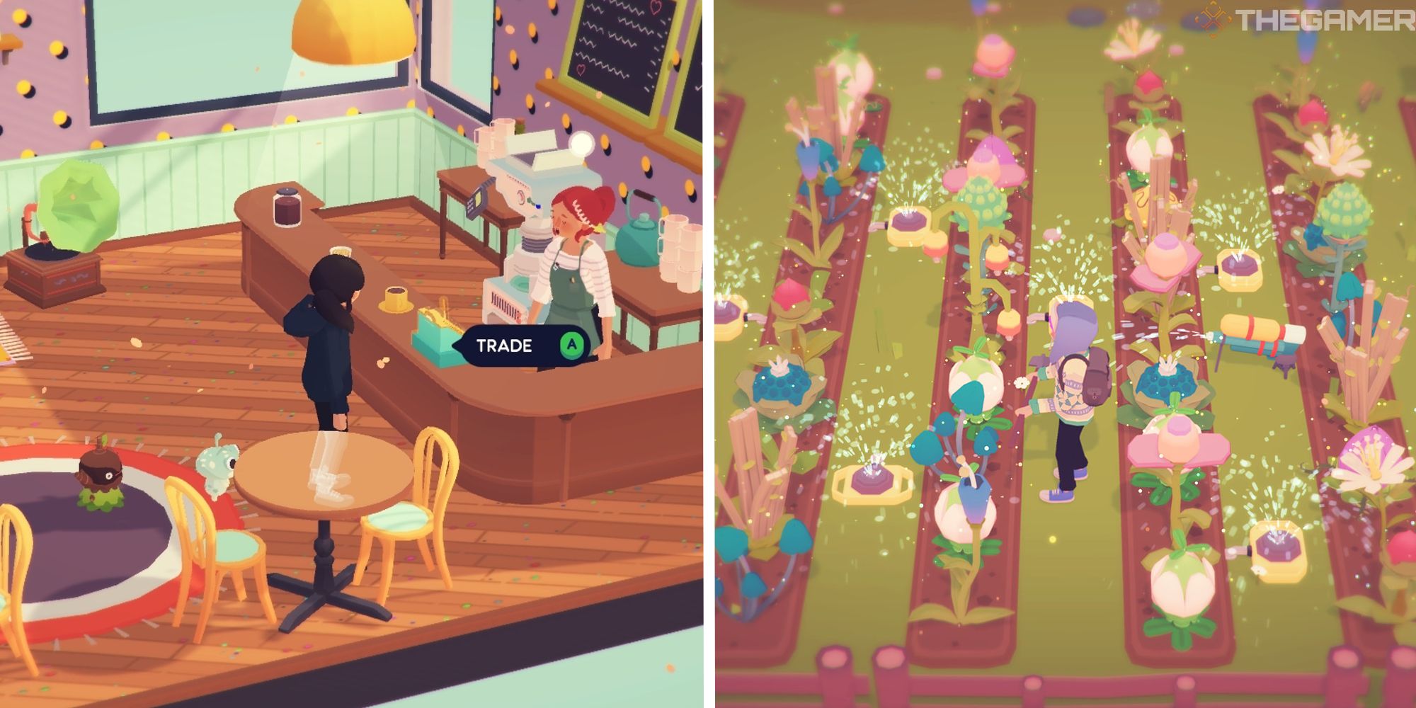 image of player at cafe next to image of player farming 