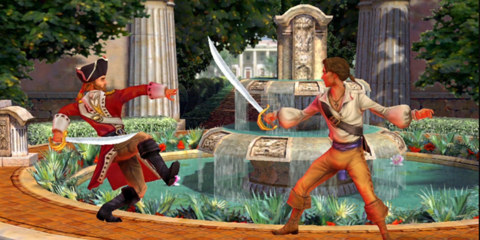 pirates having a fancy swordfight on a fountain in sid meier's pirates!