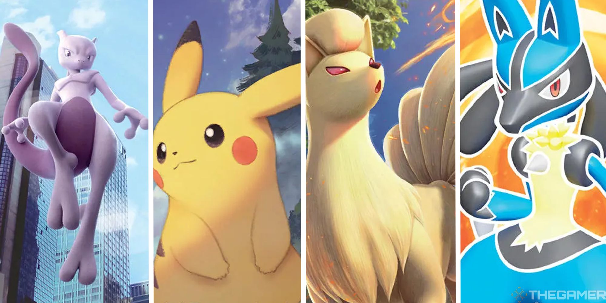 split image with mewtwo, pikachu, ninetales, and lucario