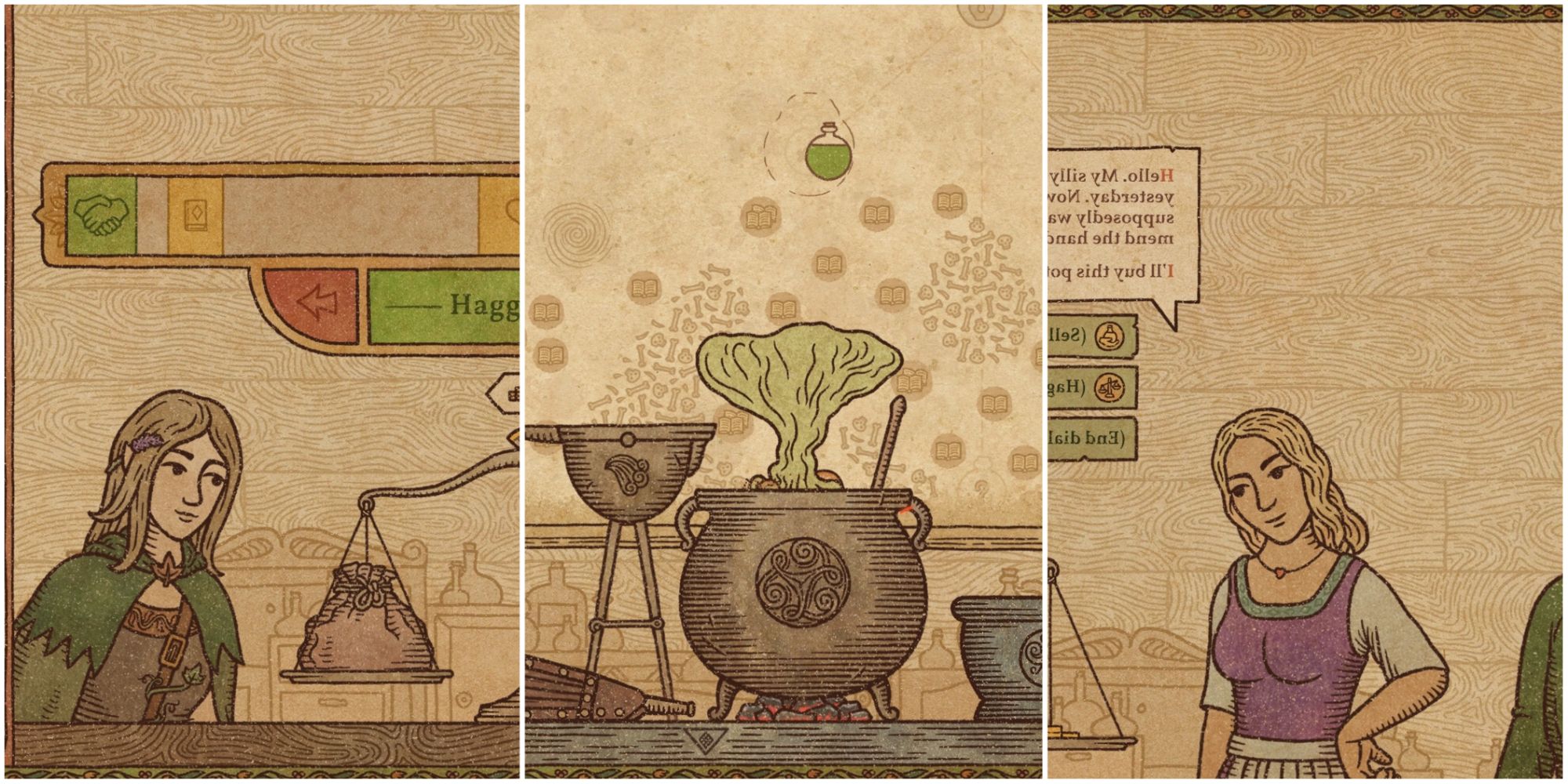 potion craft split image of a merchant, pot, and customer