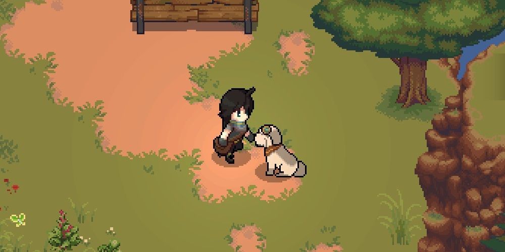 Potion Permit screenshot of player character petting their dog.