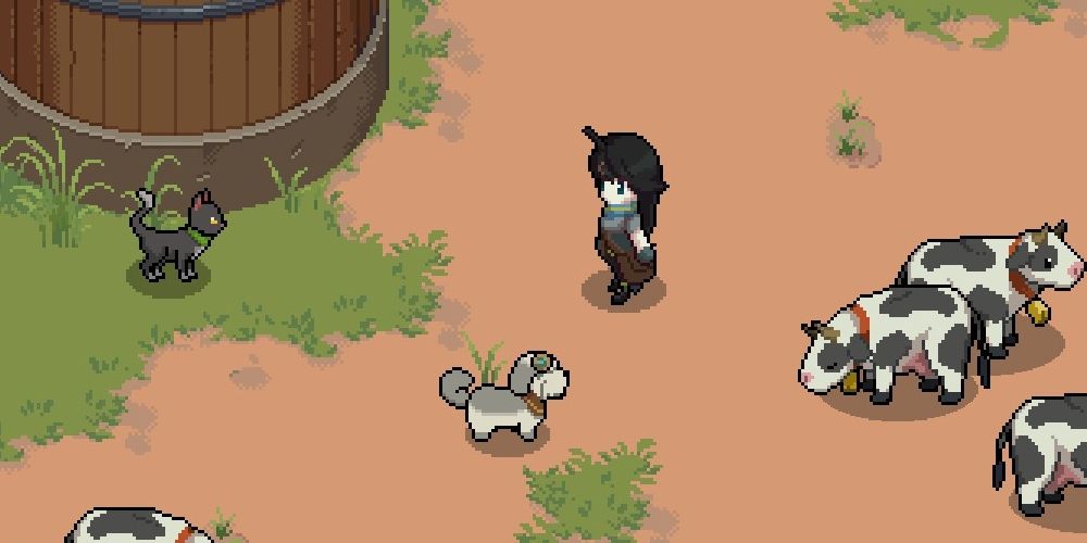 Potion Permit screenshot showing NPC Kipps the Cat with some cows and the player character.