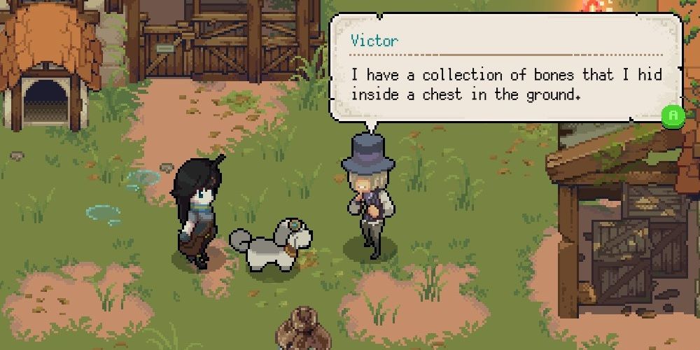 Potion Permit screenshot of NPC Victor, the player character and the player character's dog.