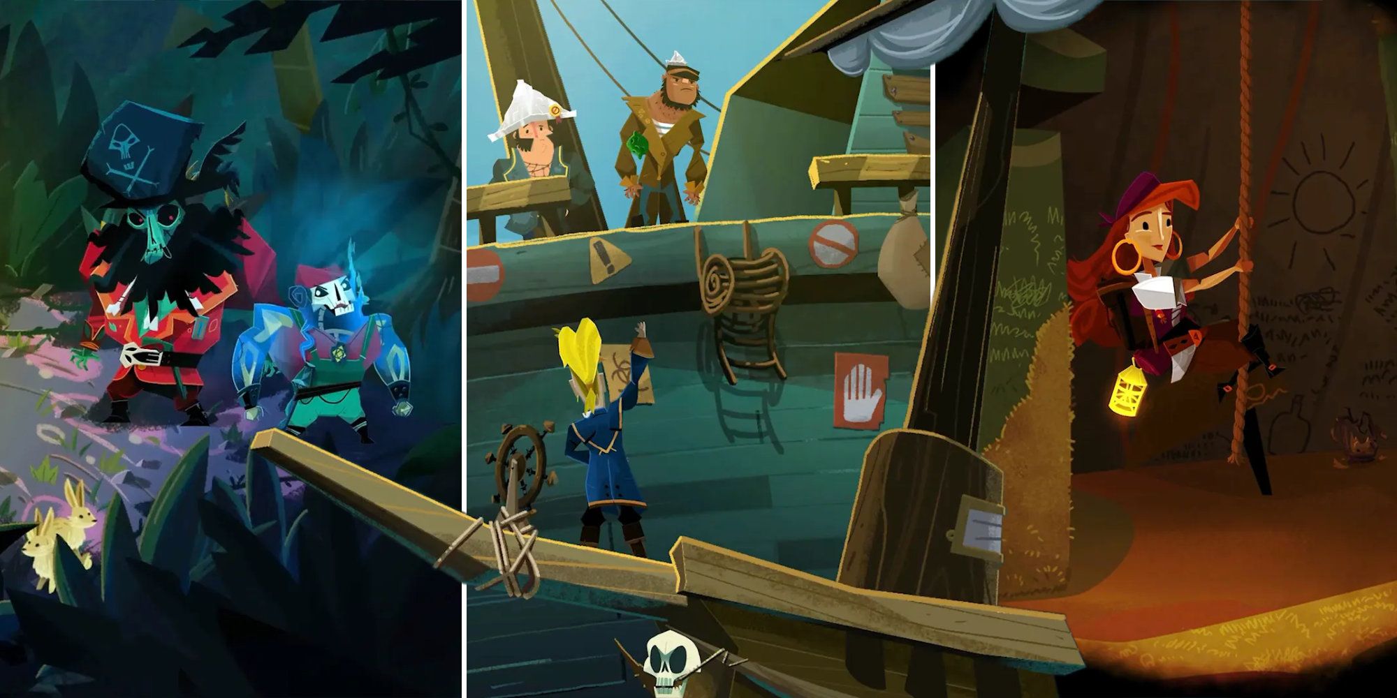 split image of zombie pirates, regular pirates, and a female pirate