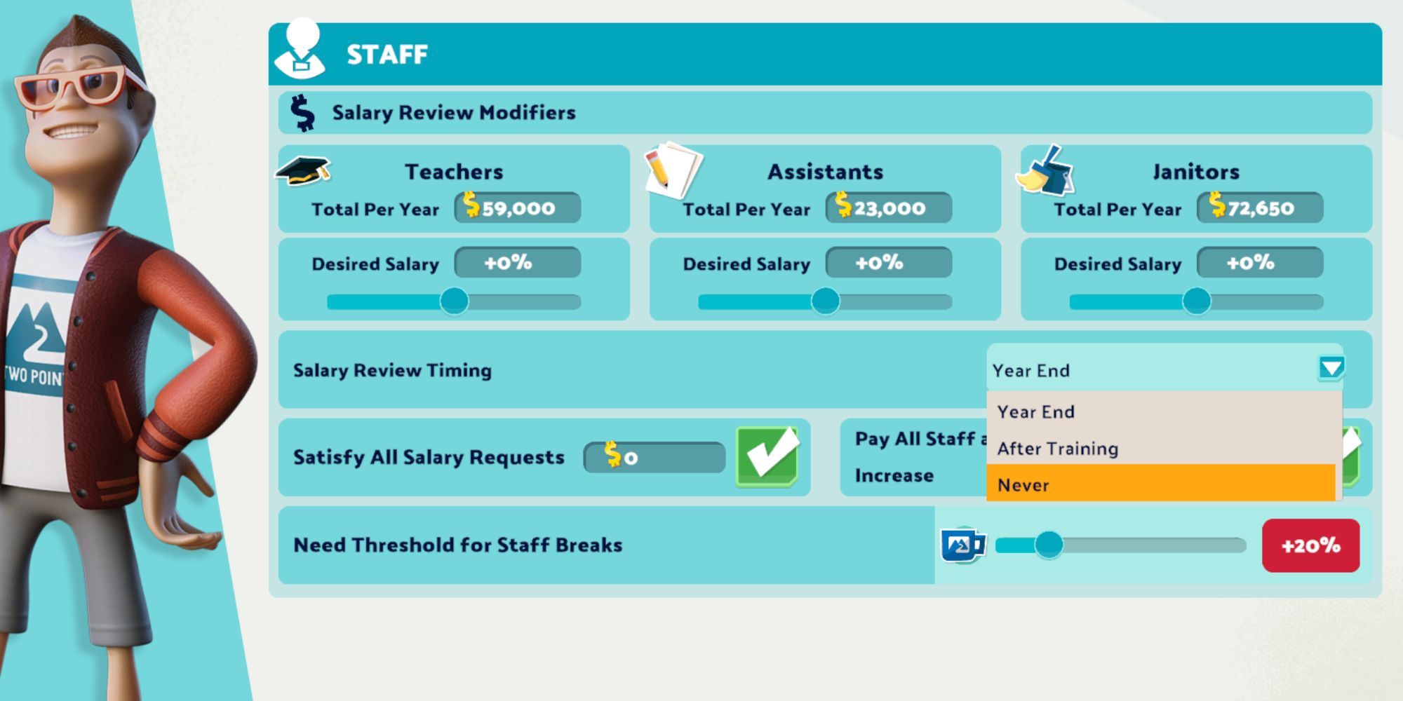 Two Point Campus staff screen.