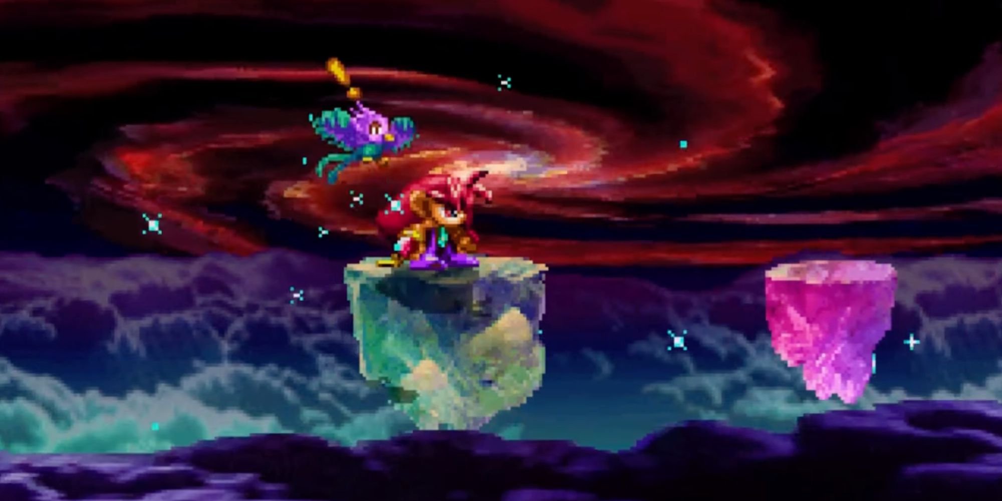 A screenshot of Astal, showing Astal standing on a crystal platform underneath a dark sky