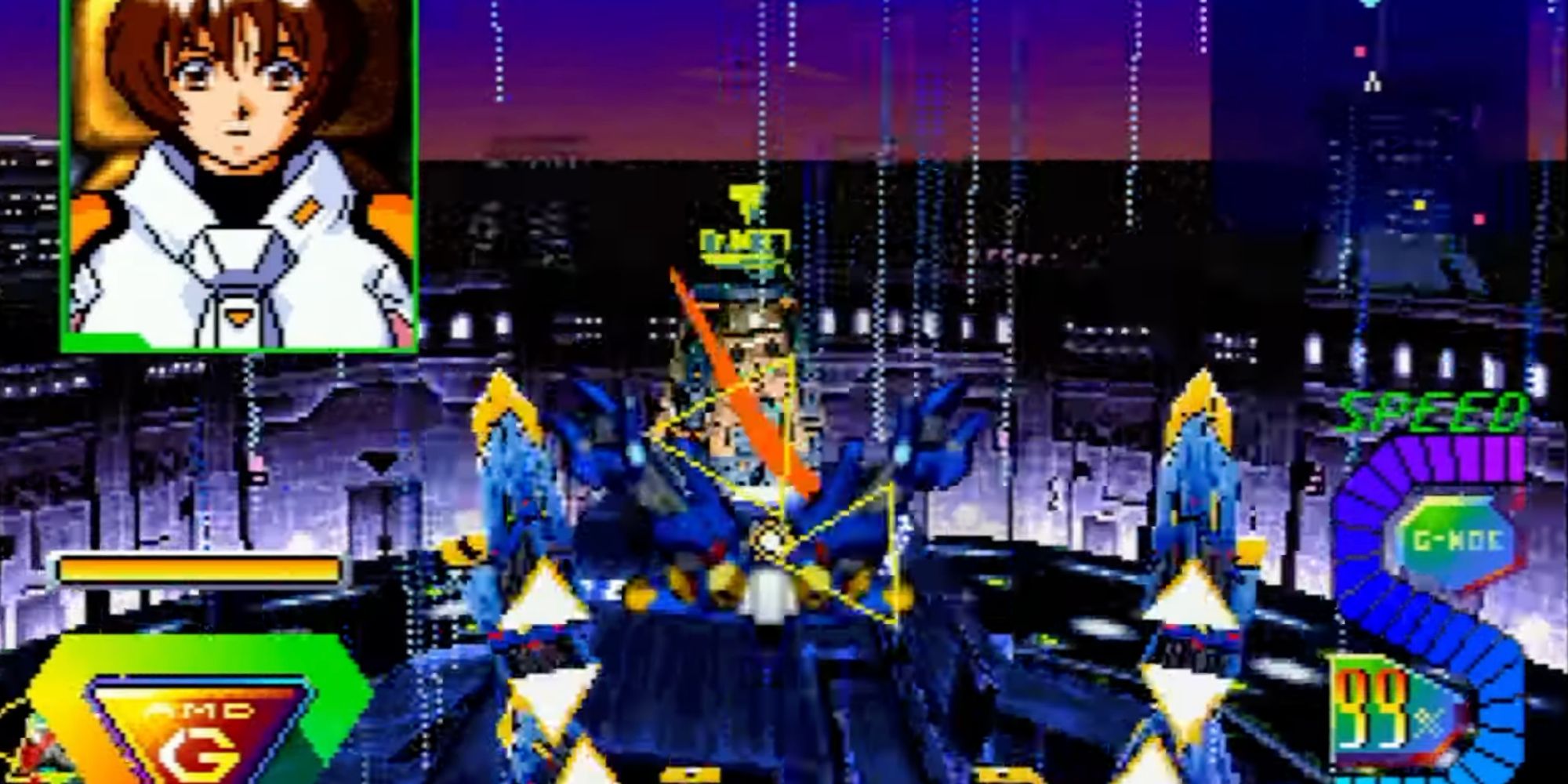 A screenshot of Bulk Slash, showing the player mech flying through a rain-soaked neon city