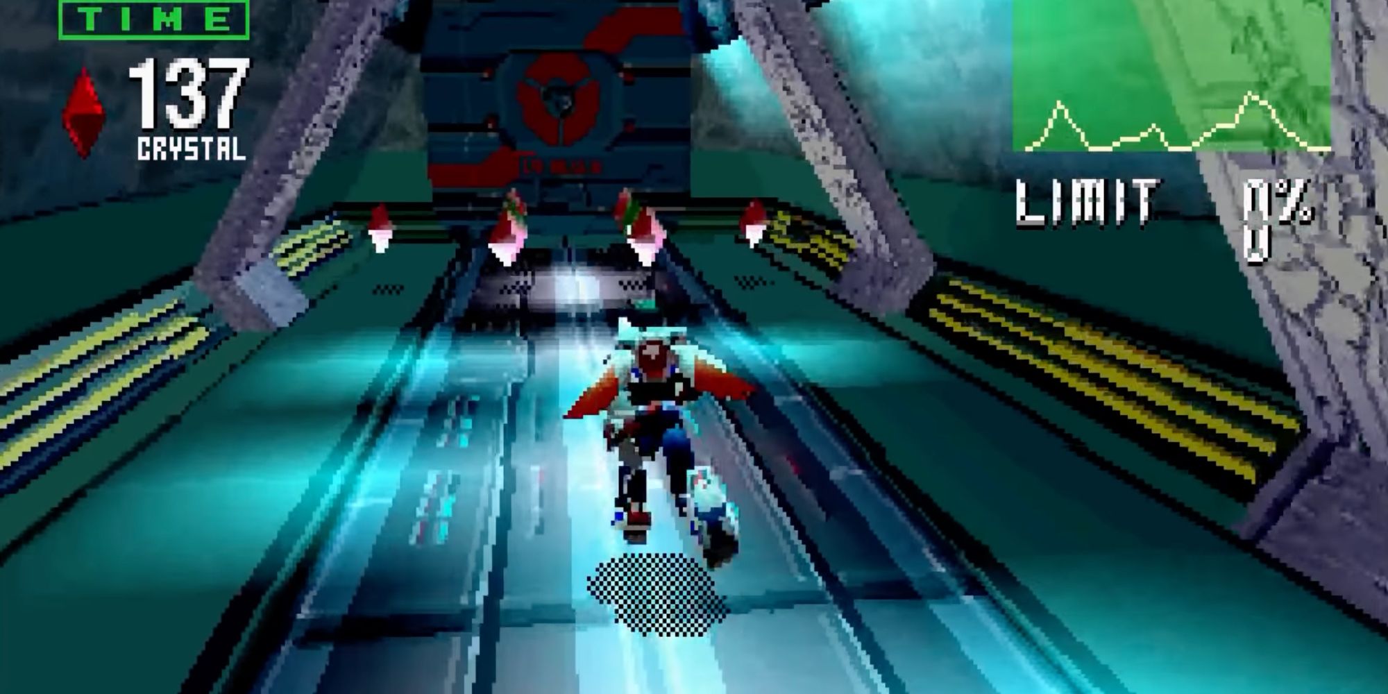 A screenshot from Burning Rangers, showing the hero running through a dimly-lit hallway
