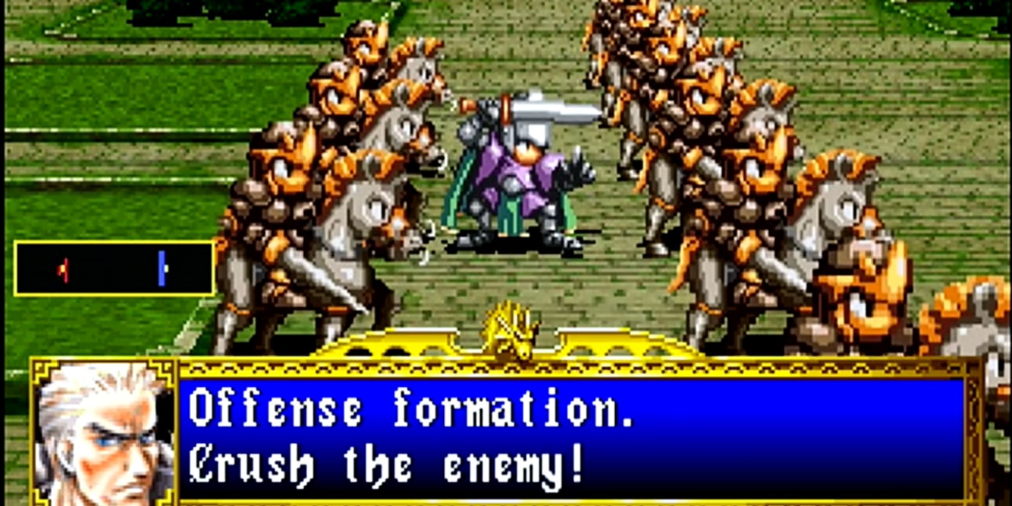 A screenshot from Dragon Force on the Saturn, showing a general telling their forces to crush the enemy