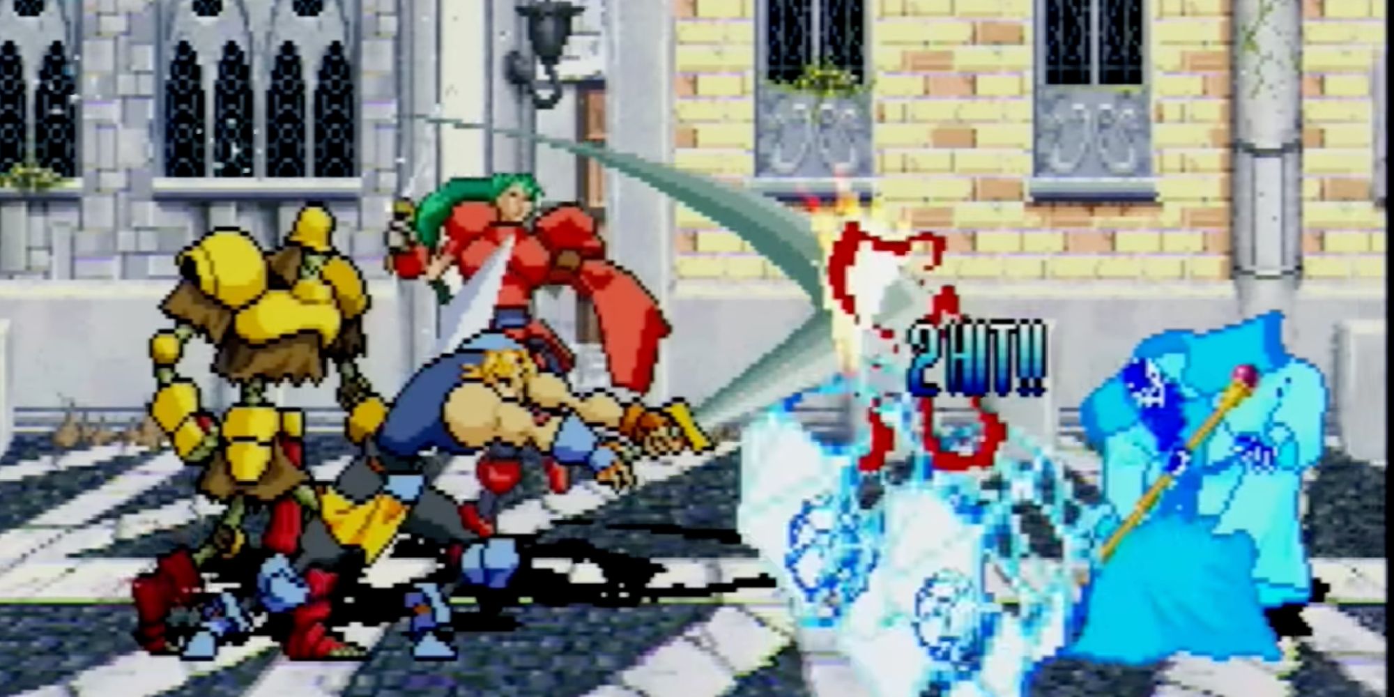 A screenshot from Guardian Heroes, showing a character swinging their sword against a mage enemy