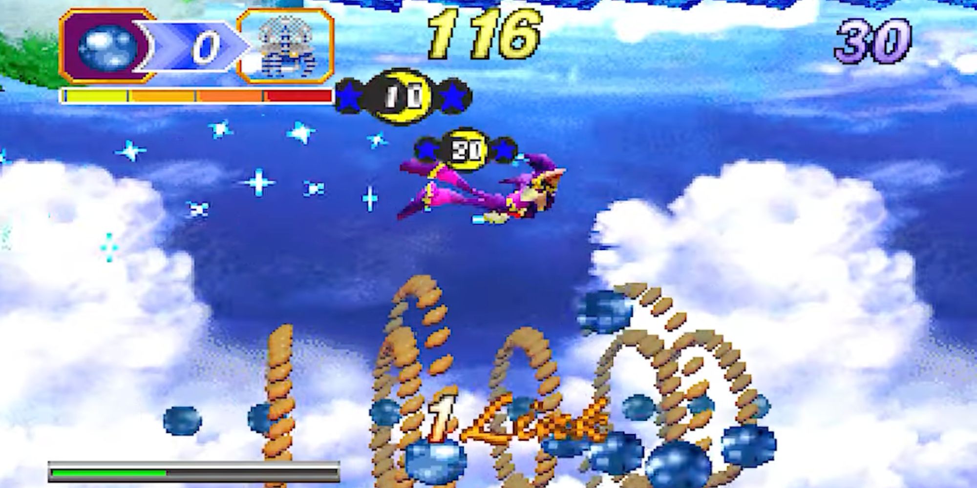 A screenshot of Nights Into Dreams for the Saturn, showing Nights flying through a blue sky and grabbing collectibles