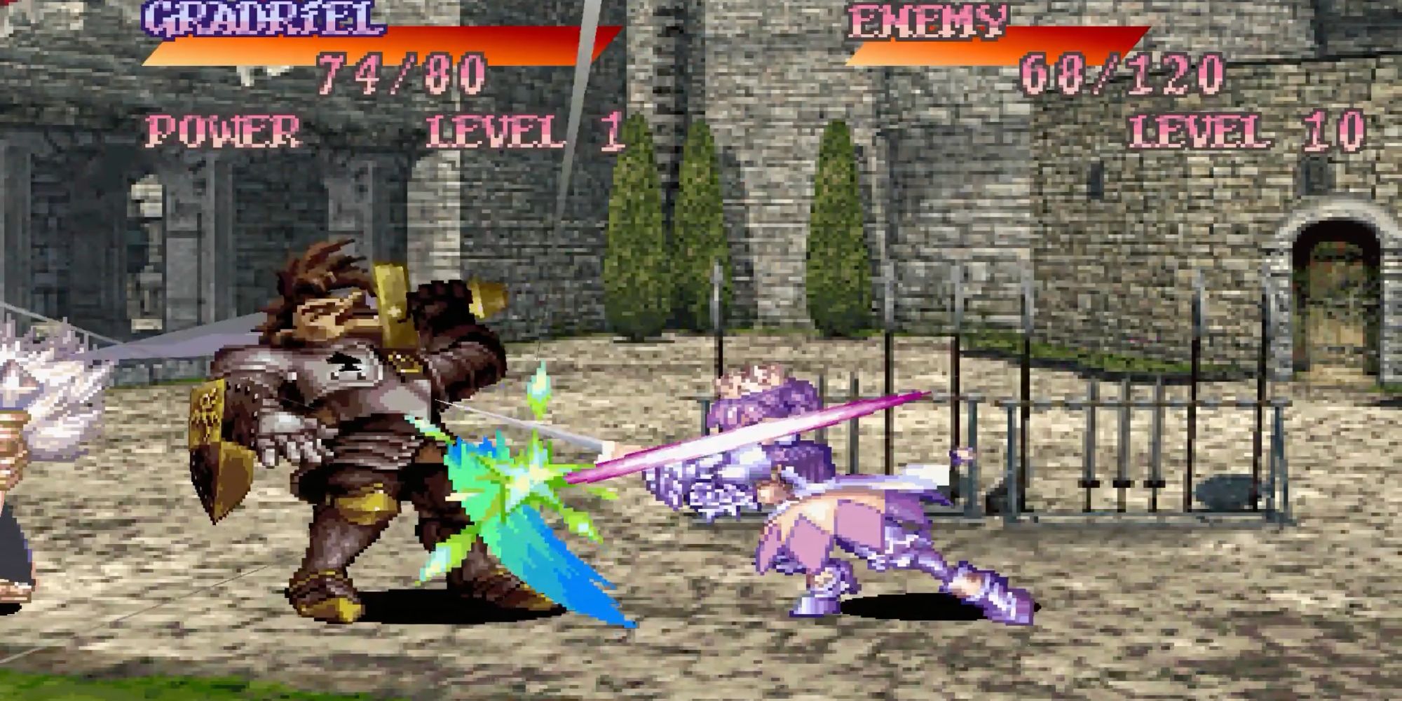 A screenshot from Princess Crown, showing Galadriel slashing at an enemy