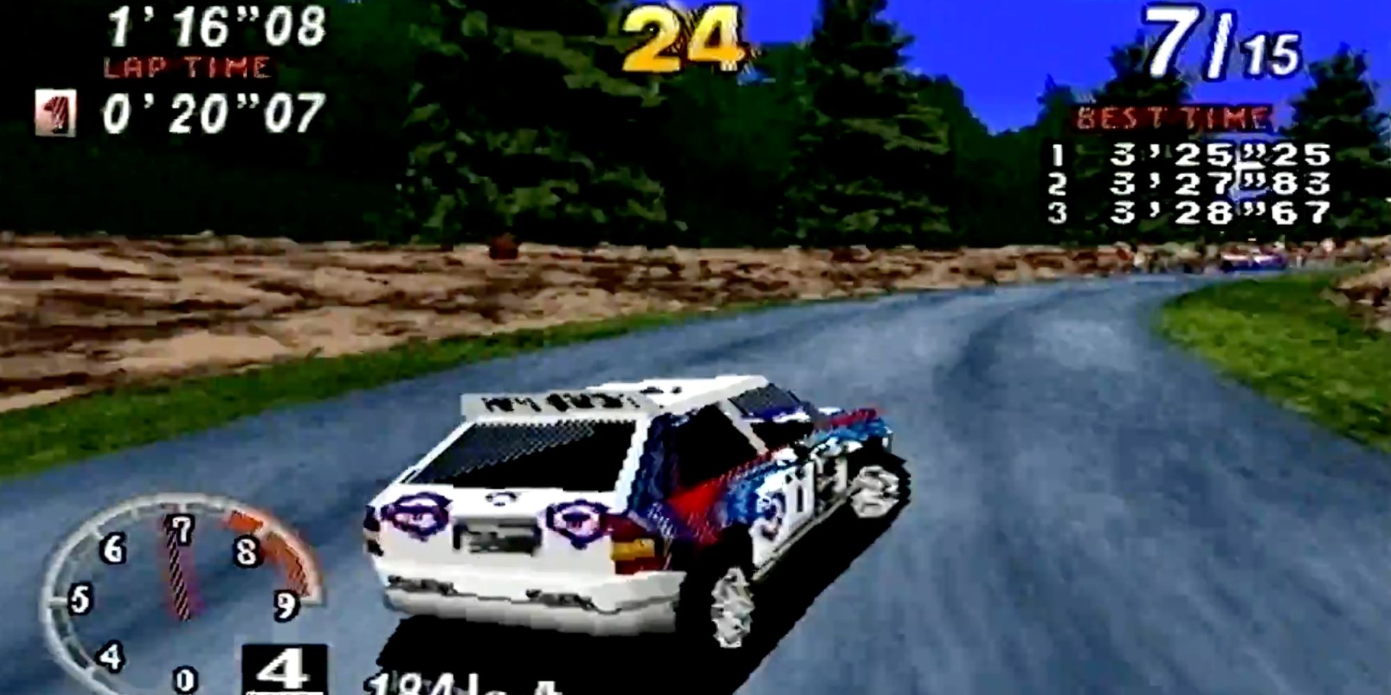 A screenshot of Sega Rally Championship for the Saturn, showing a car drifting through a right turn