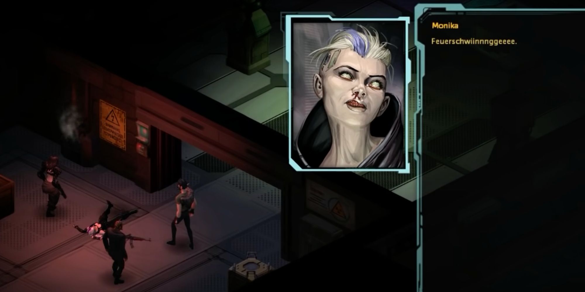 A screenshot from Shadowrun Dragonfall, showing Monika saying the word "Feuerschwinge" during her last moments alive