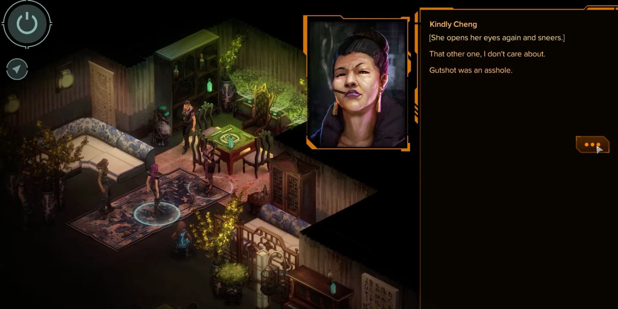 A screenshot from Shadowrun Hong Kong, showing Kindly Cheng describing the dead Gutshot as an asshole