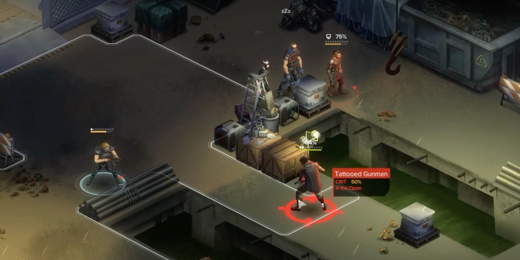 A screenshot from Shadowrun Hong Kong, showing the player targeting a tattooed gunman during the opening mission