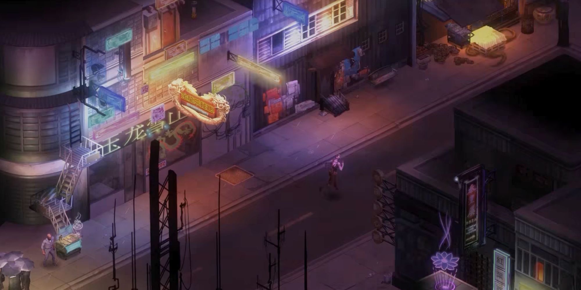 A screenshot of Shadowrun Hong Kong, showing the player character running next to the wall of Kowloon Walled City