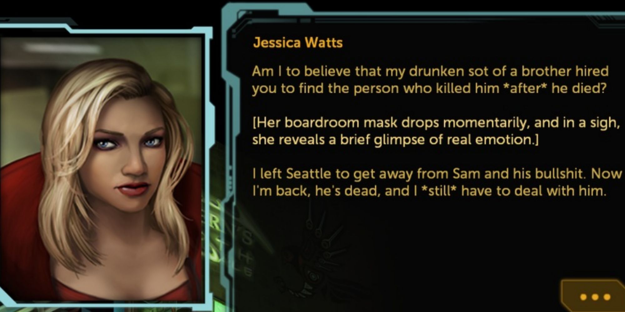 A screenshot from Shadowrun Returns, showing Jessica Watts reacting with conflicting emotion to her brother's death