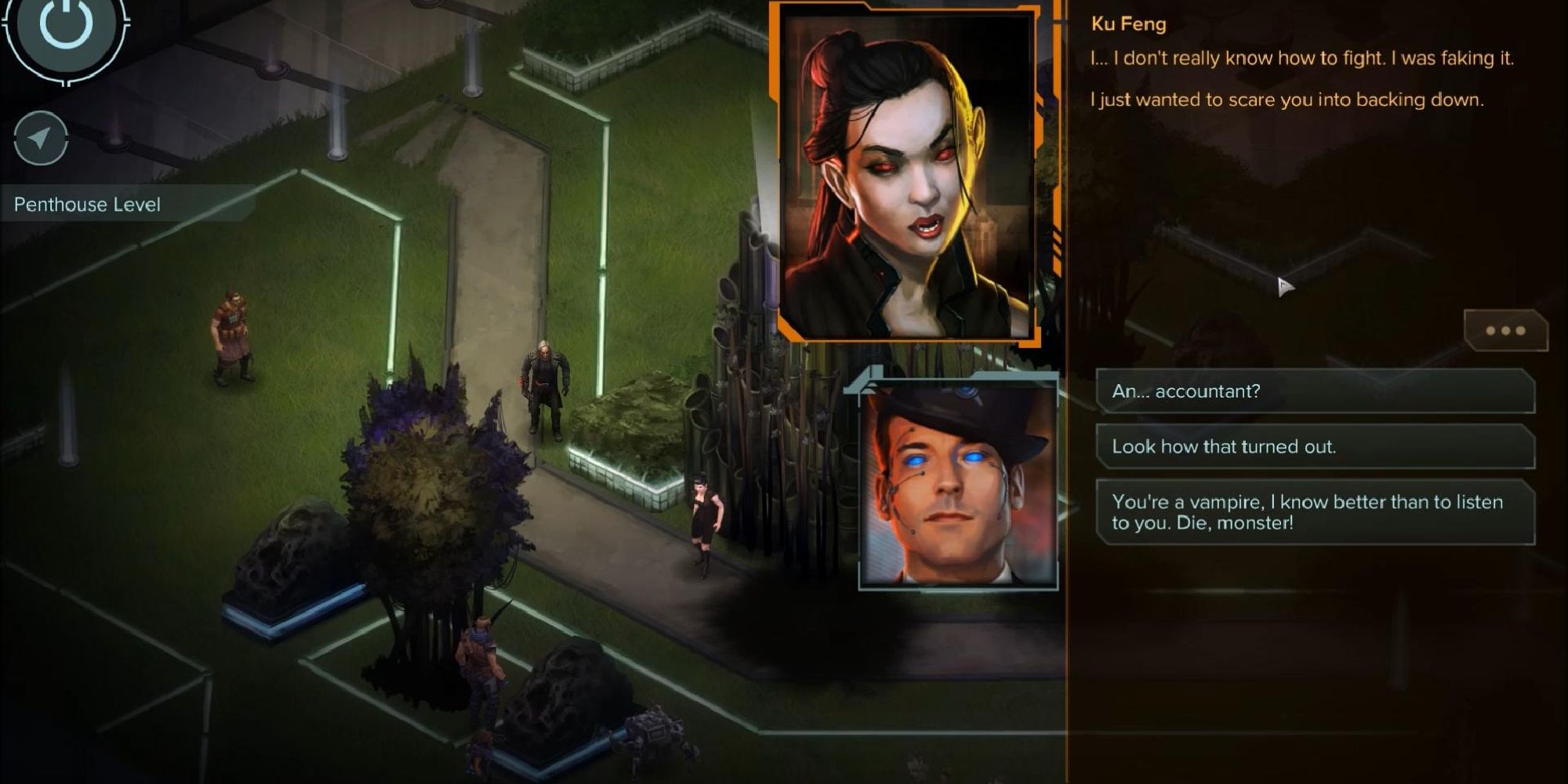 A screenshot from Shadowrun Hong Kong, showing Ku Feng admitting that she's not really a fighter