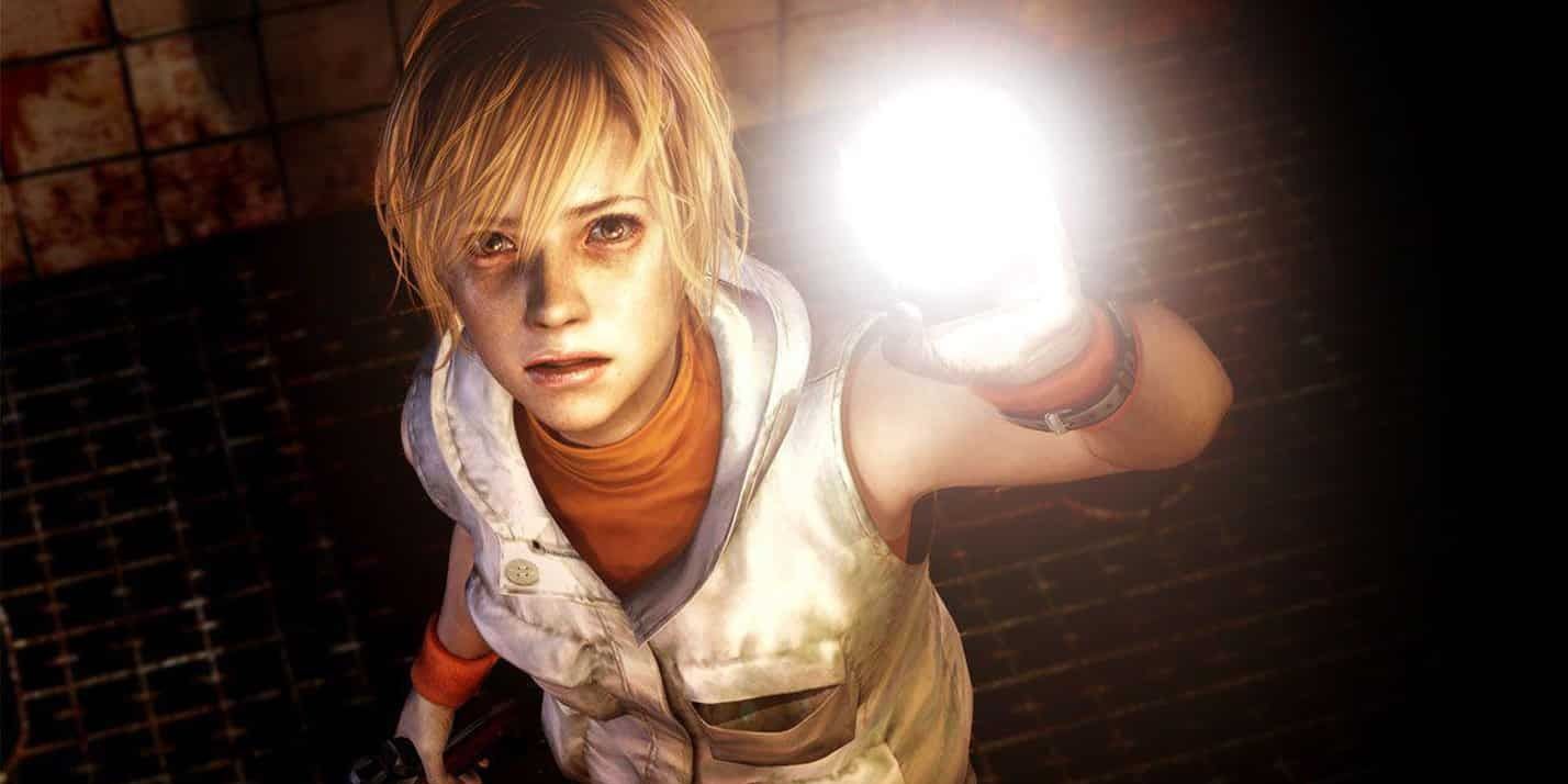 Heather shines a flashlight in the camera in art from Silent Hill 3.