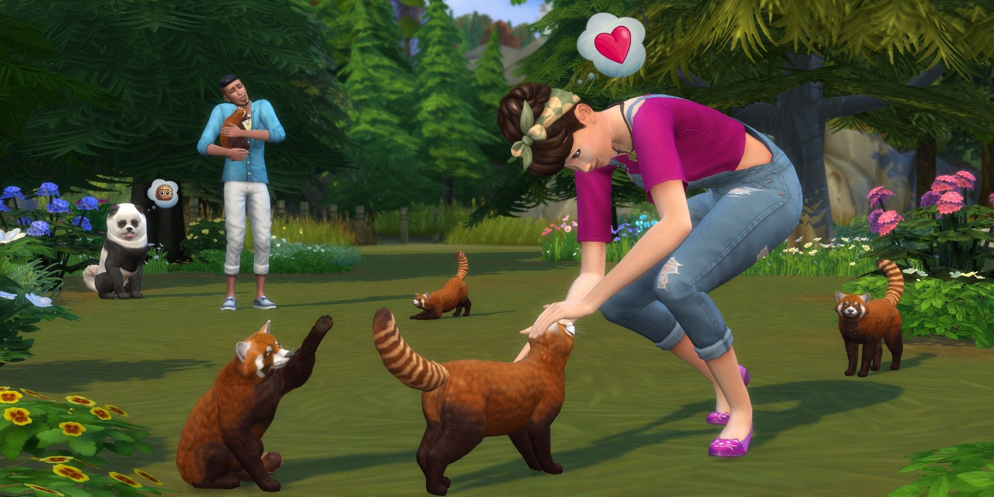 sims 4 cats dogs a racoon and a panda in the park with 2 sims.