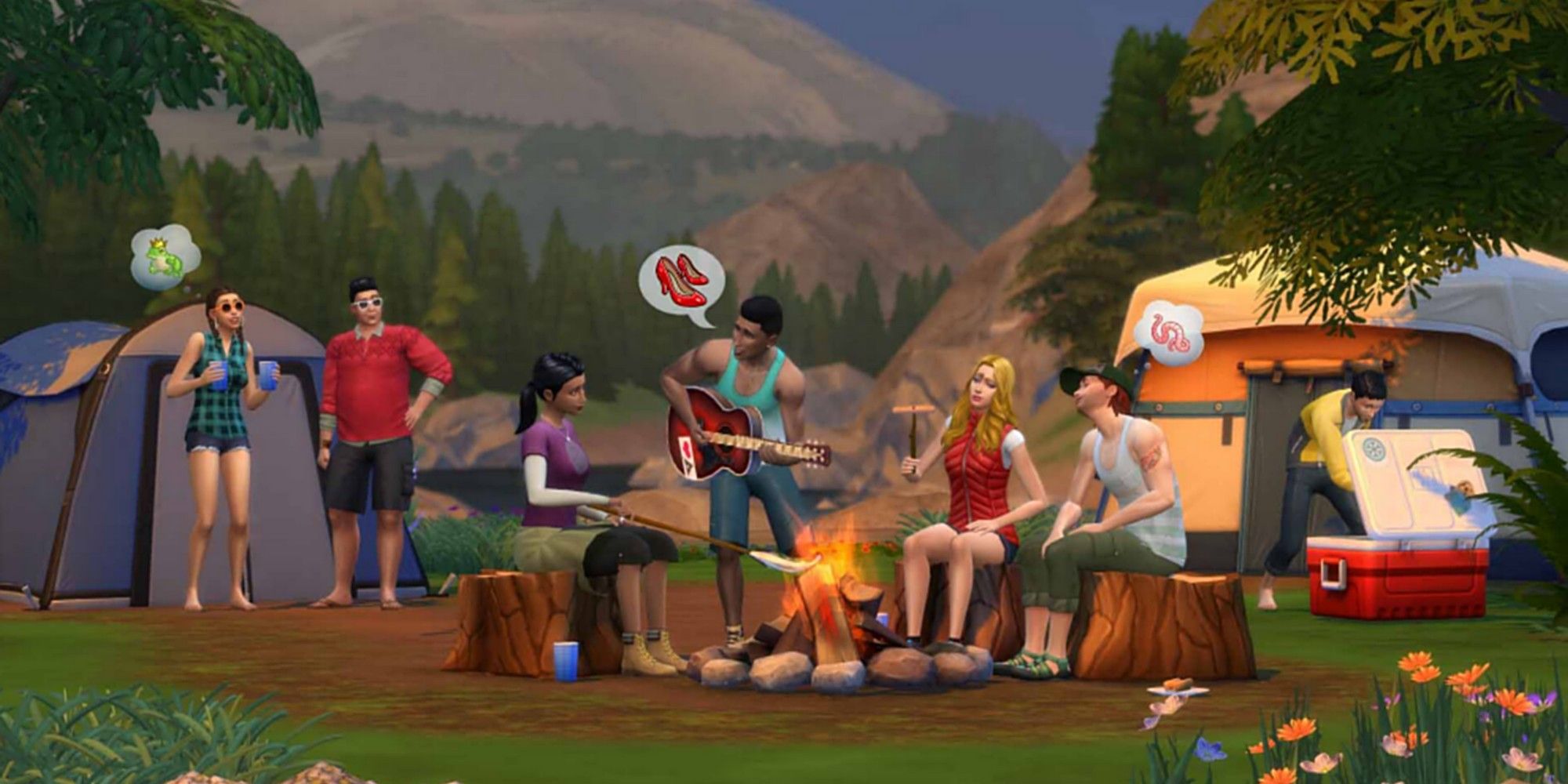 sims 4 outdoor retreat camping tents cooler fire guitar singing