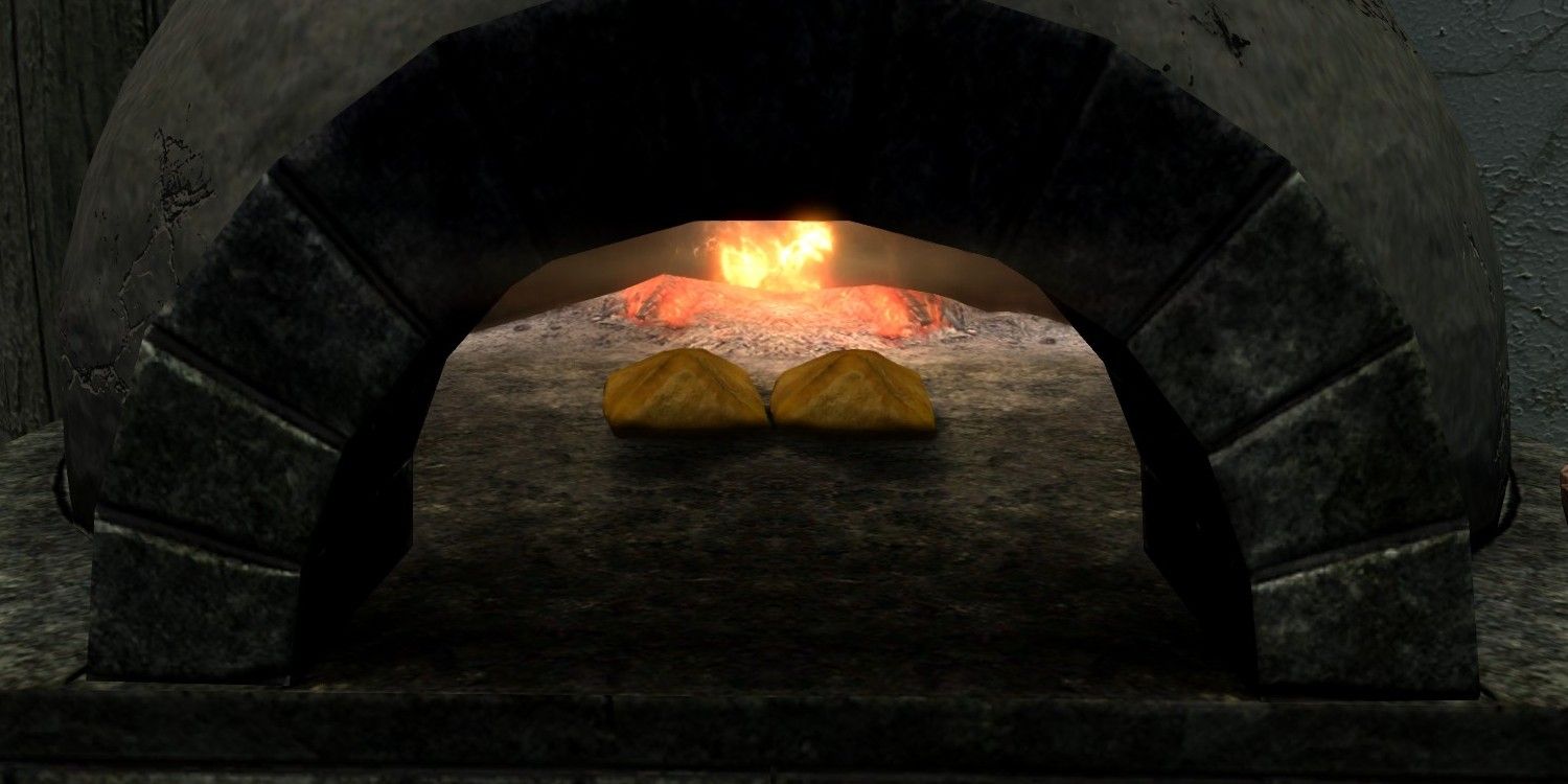 Skyrim screenshot of two dumplings in an oven.
