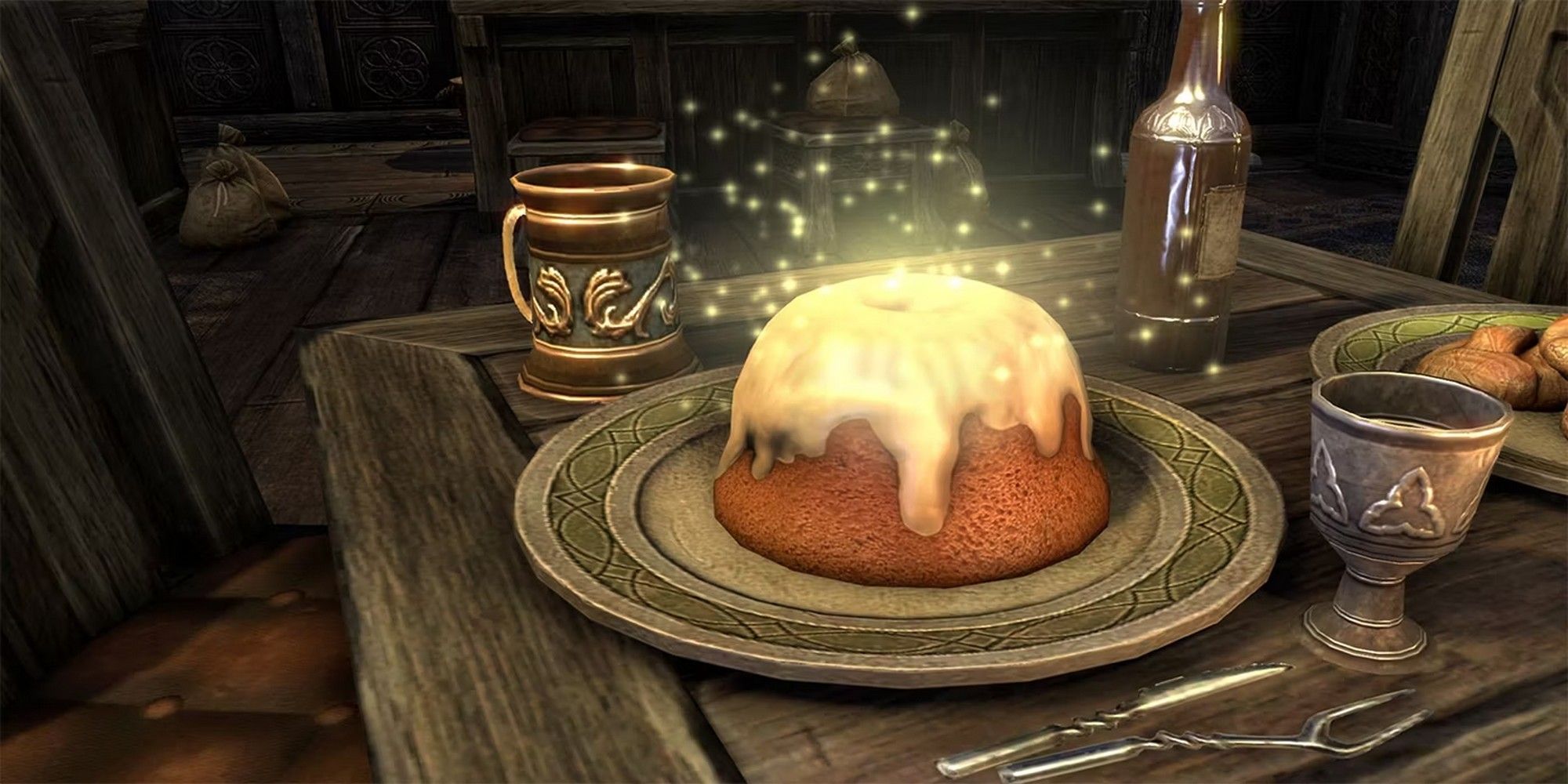 skyrim elder scrolls sweet roll plated on a table with glasses