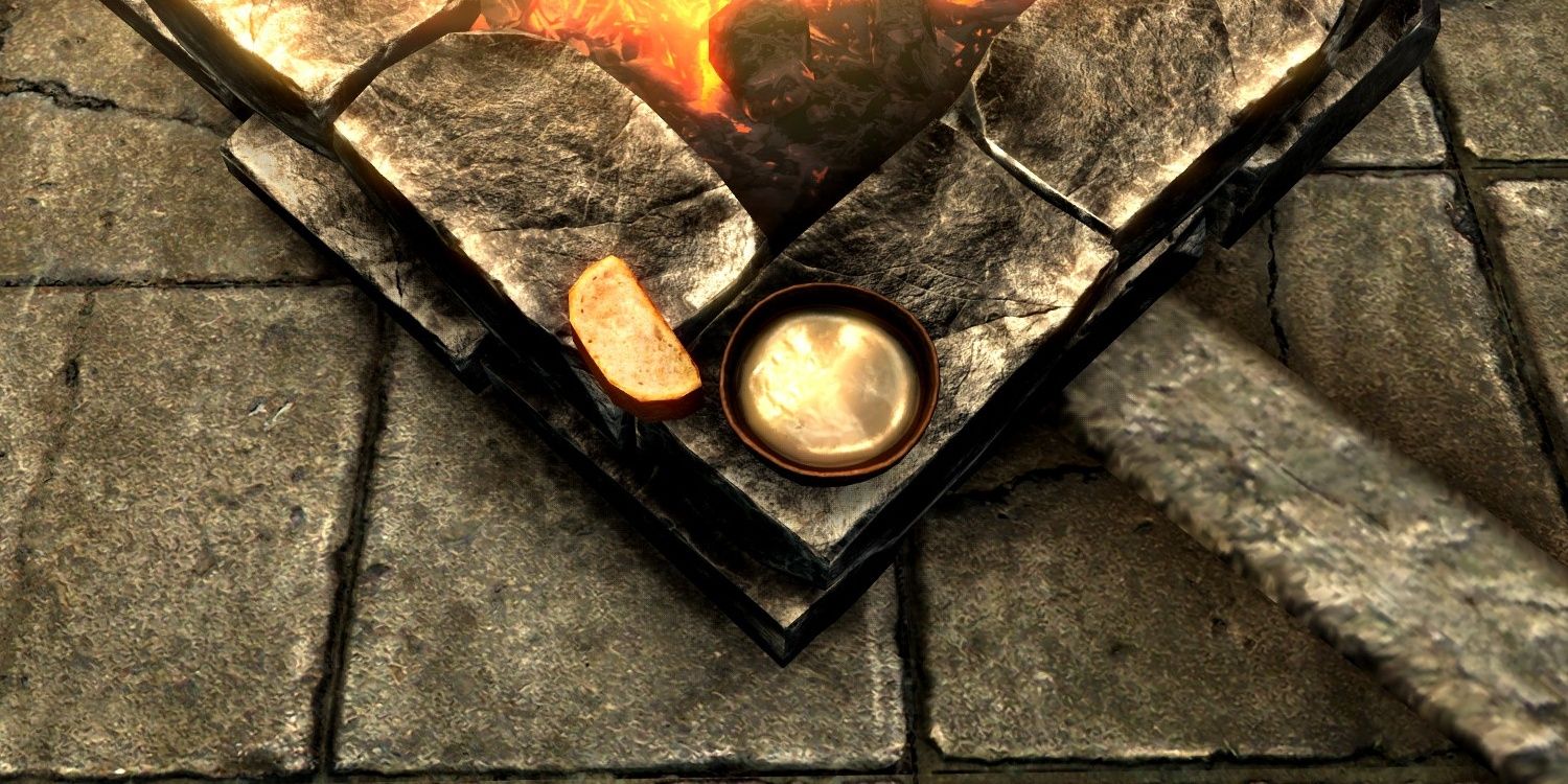 Skyrim screenshot of a bowl of Elsweyr fondue by a cooking pot.