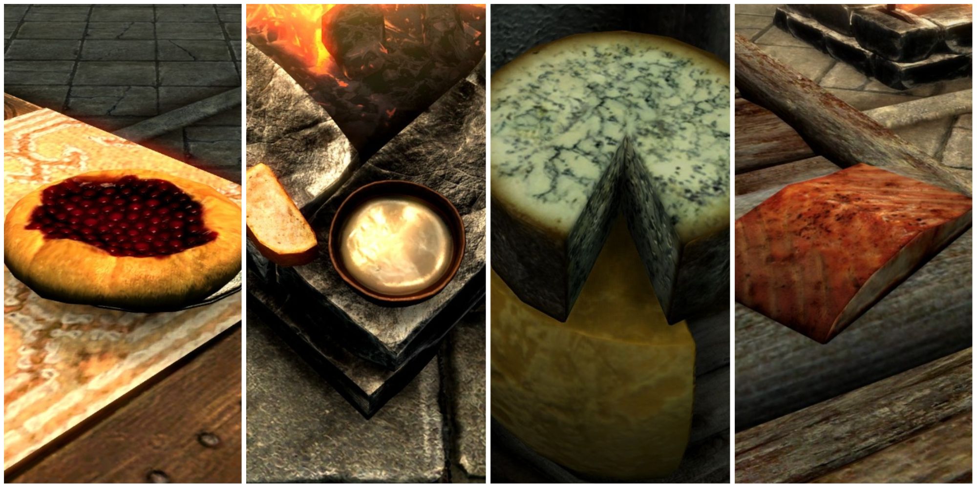 Skyrim collage of a snowberry crostata, elsweyr fondue, cheeses, and salmon steak.