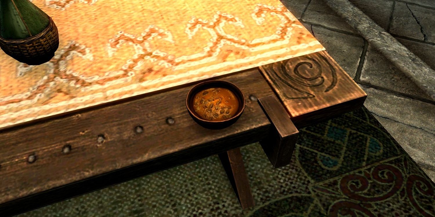 Skyrim screenshot of a bowl of horker stew on a table.