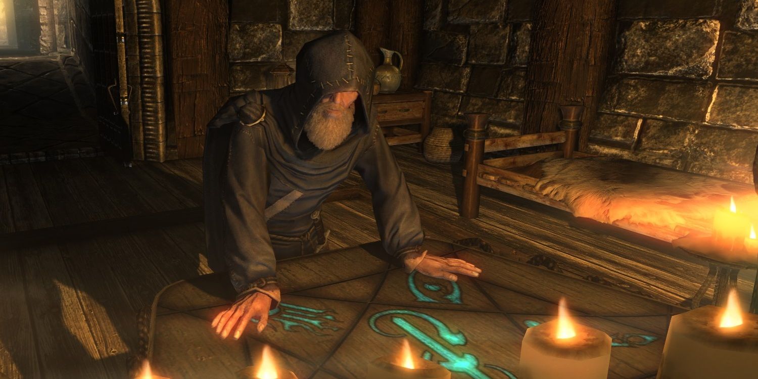A wizard, wearing robes and with a thick beard stands over an arcane table etched with glowing runes.