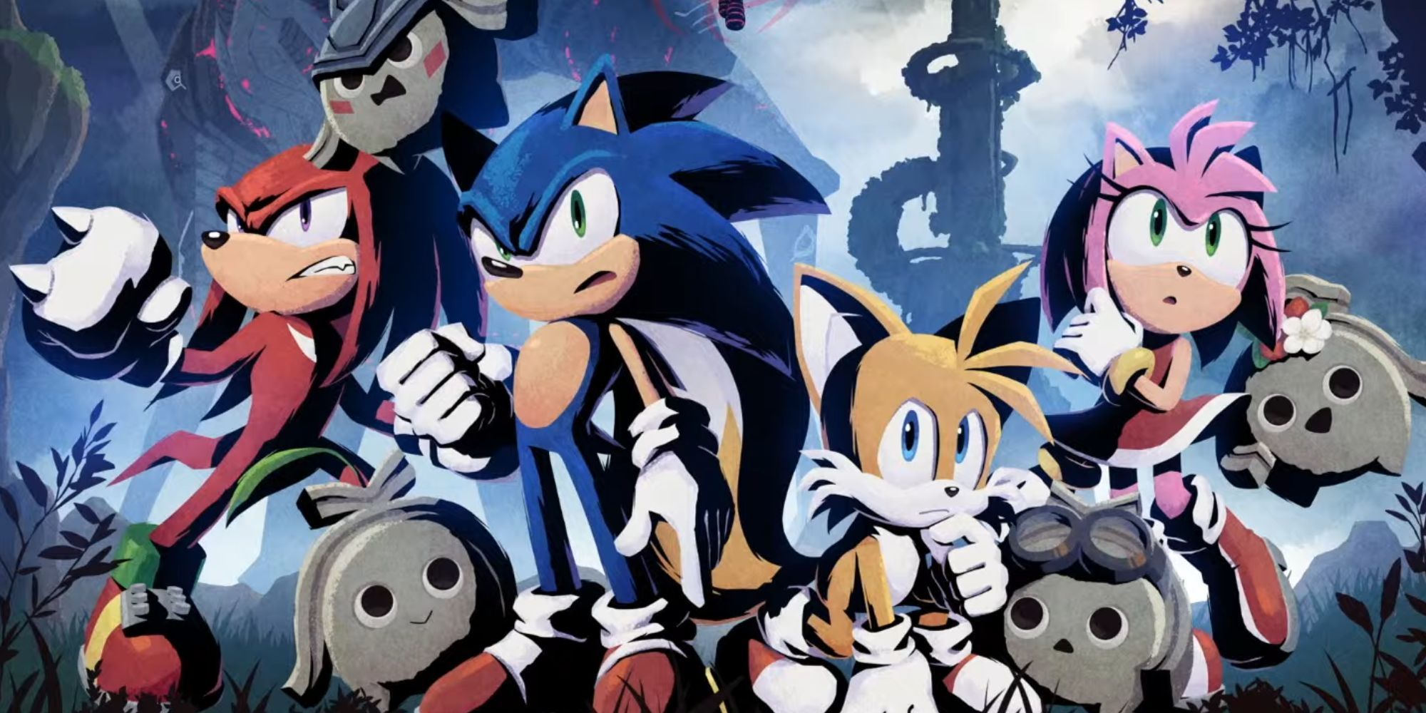 Sonic, Tails, Amy and Knuckles assess the danger alongside Kocos.