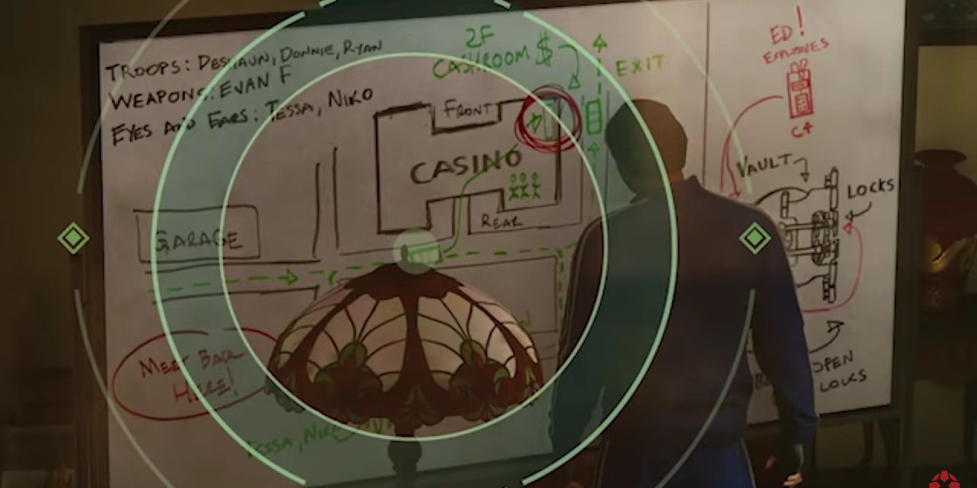 Spider-Man PS4 screenshot showing a whiteboard with the details of a heist