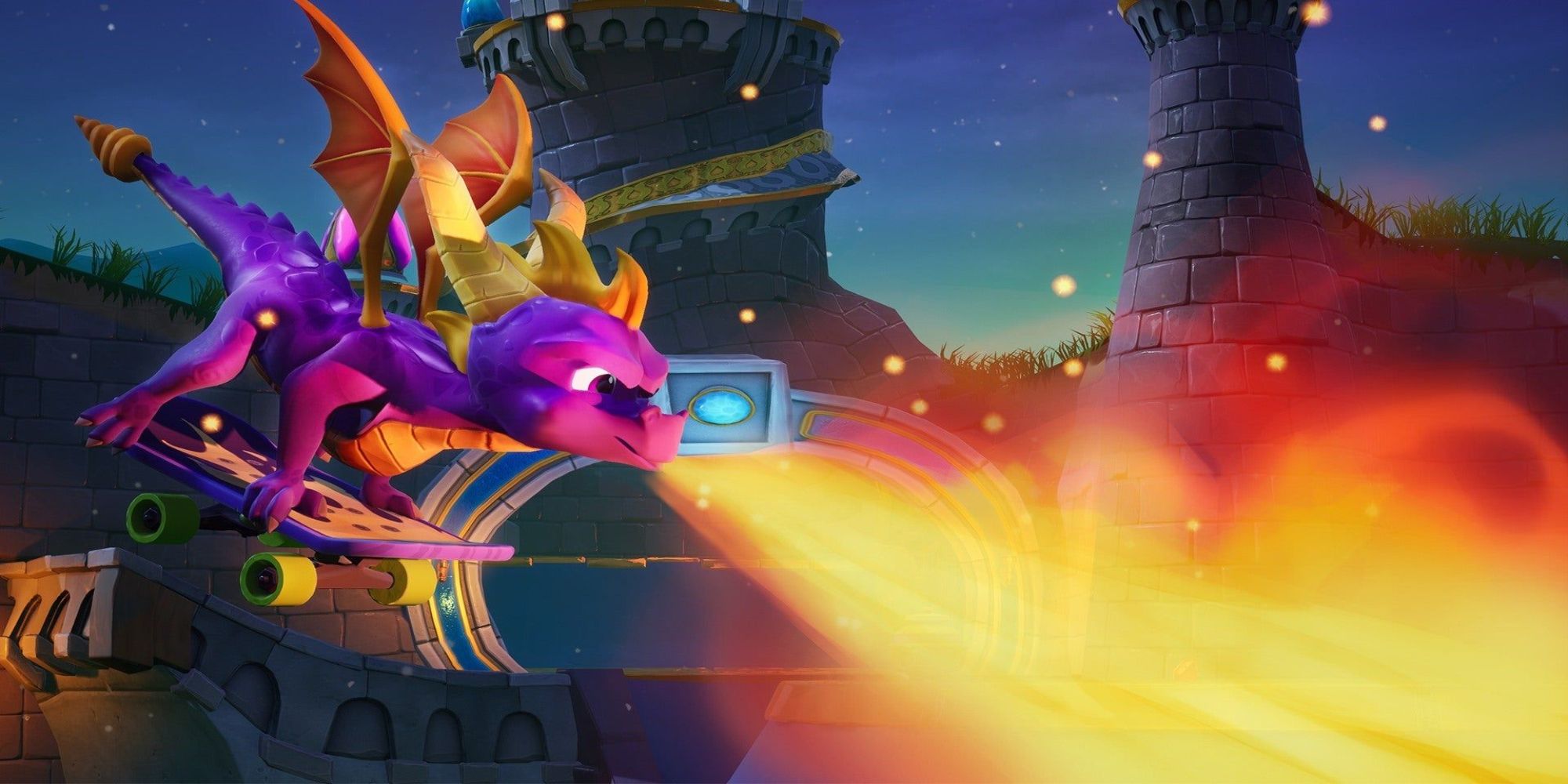 spyro year of the dragon, spyro breathing fire while riding a skateboard
