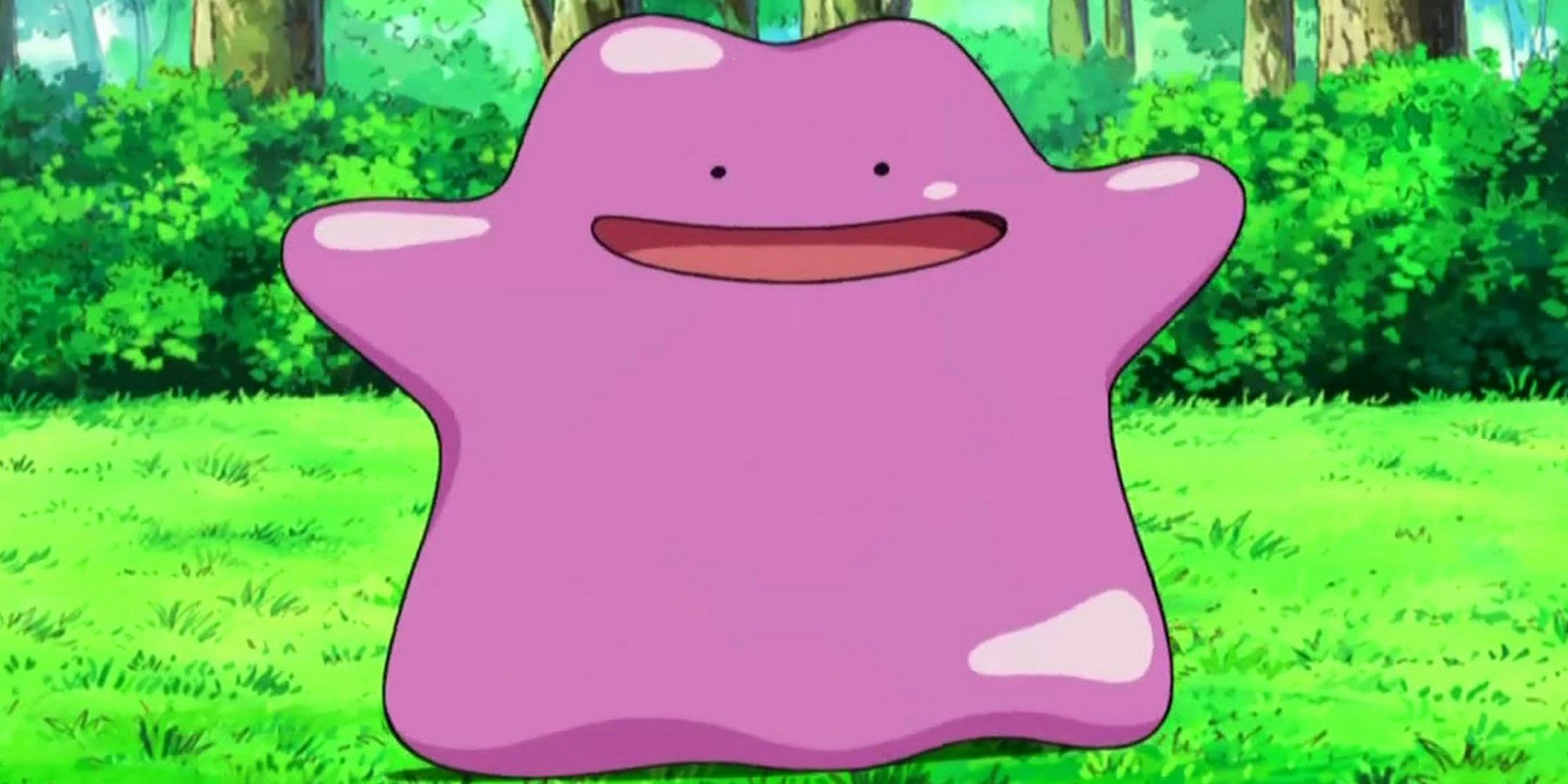 the Pokemon Ditto outdoors in the grass in the Pokemon anime