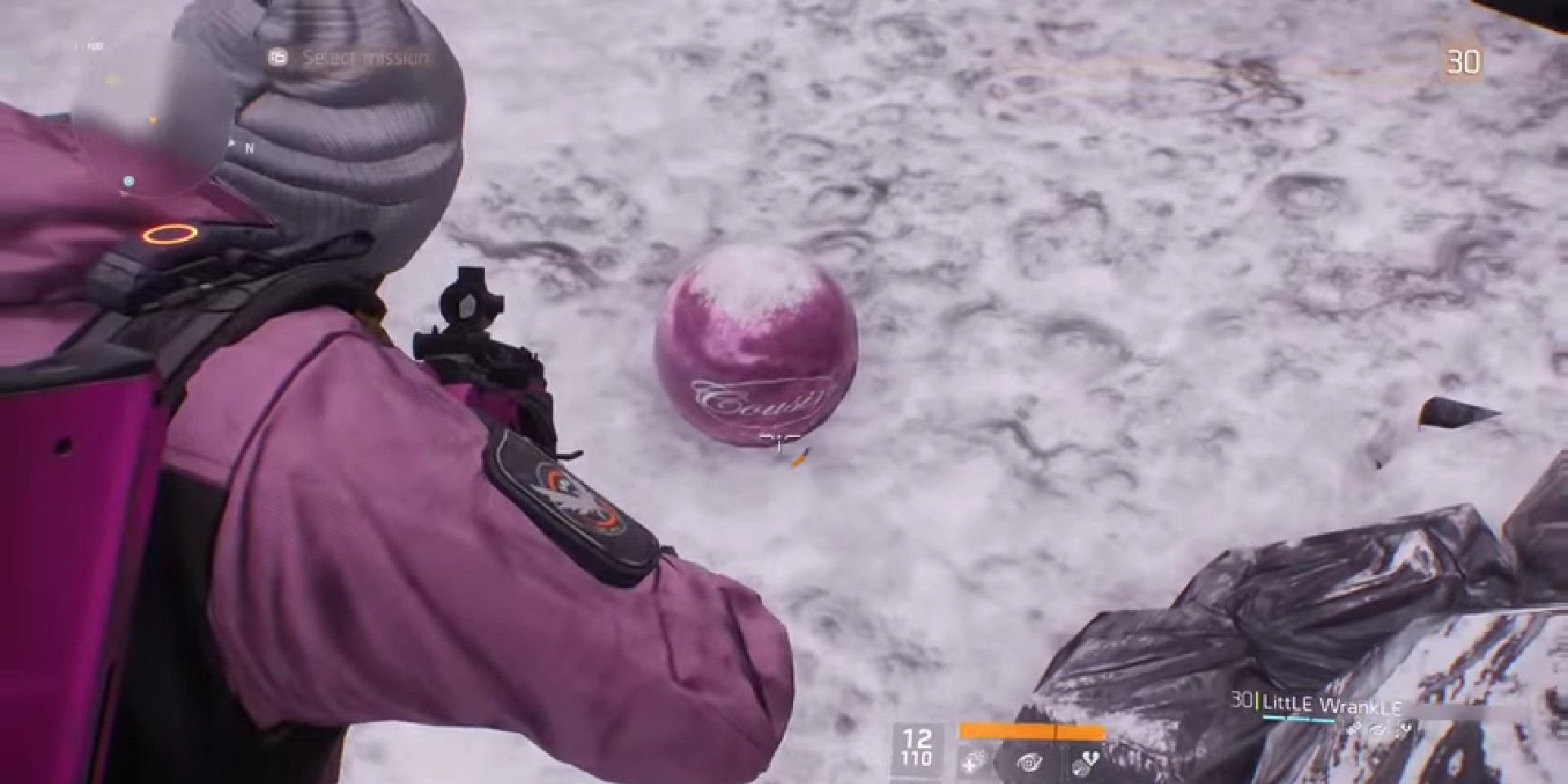 Screenshot of The Division showing a character aiming their sights at a pink bowling ball with the word "Cousin" written across it