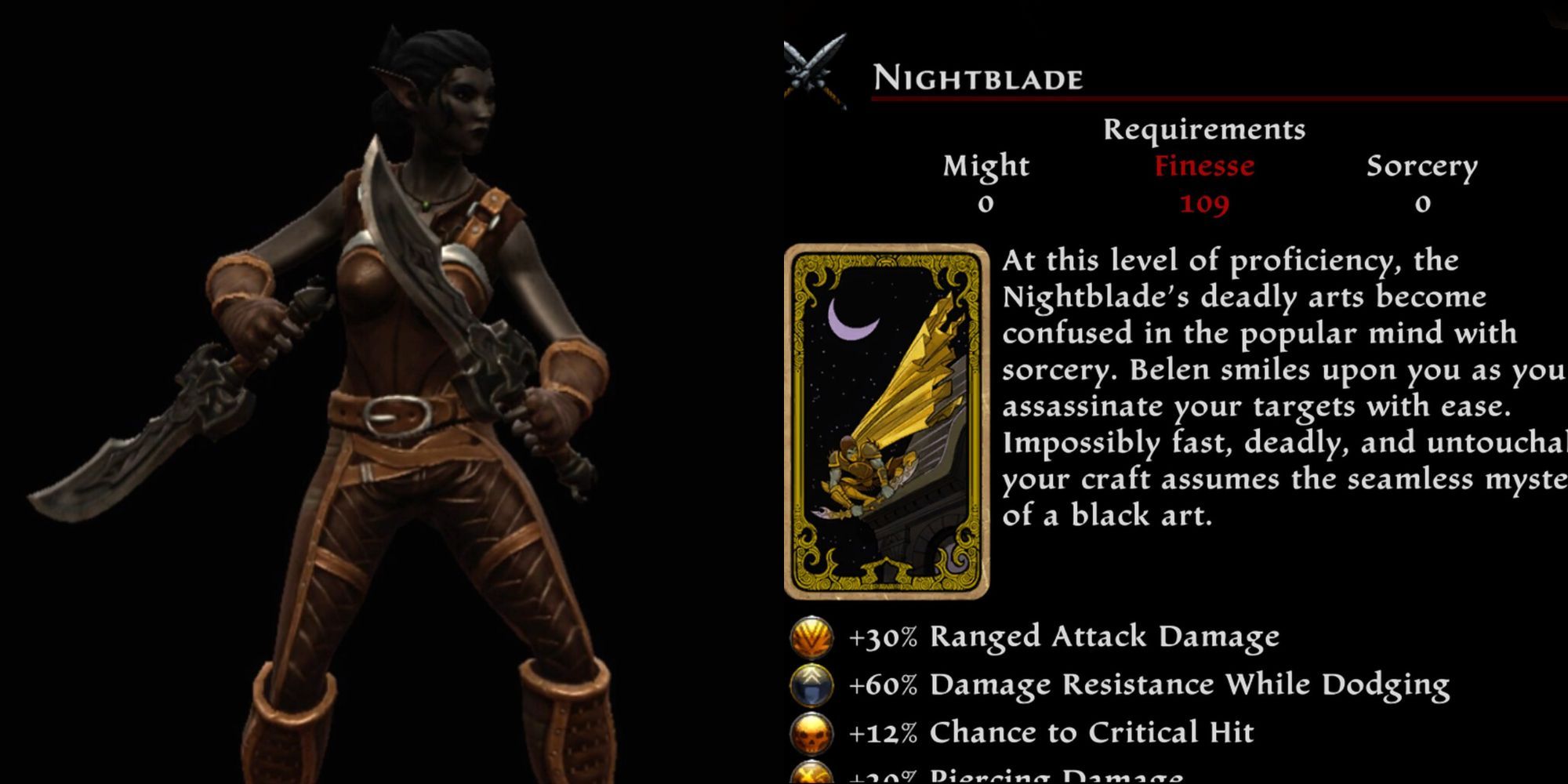 Kingdoms of Amalur nightblade. Protagonist holding dual blades, nightblade screen.