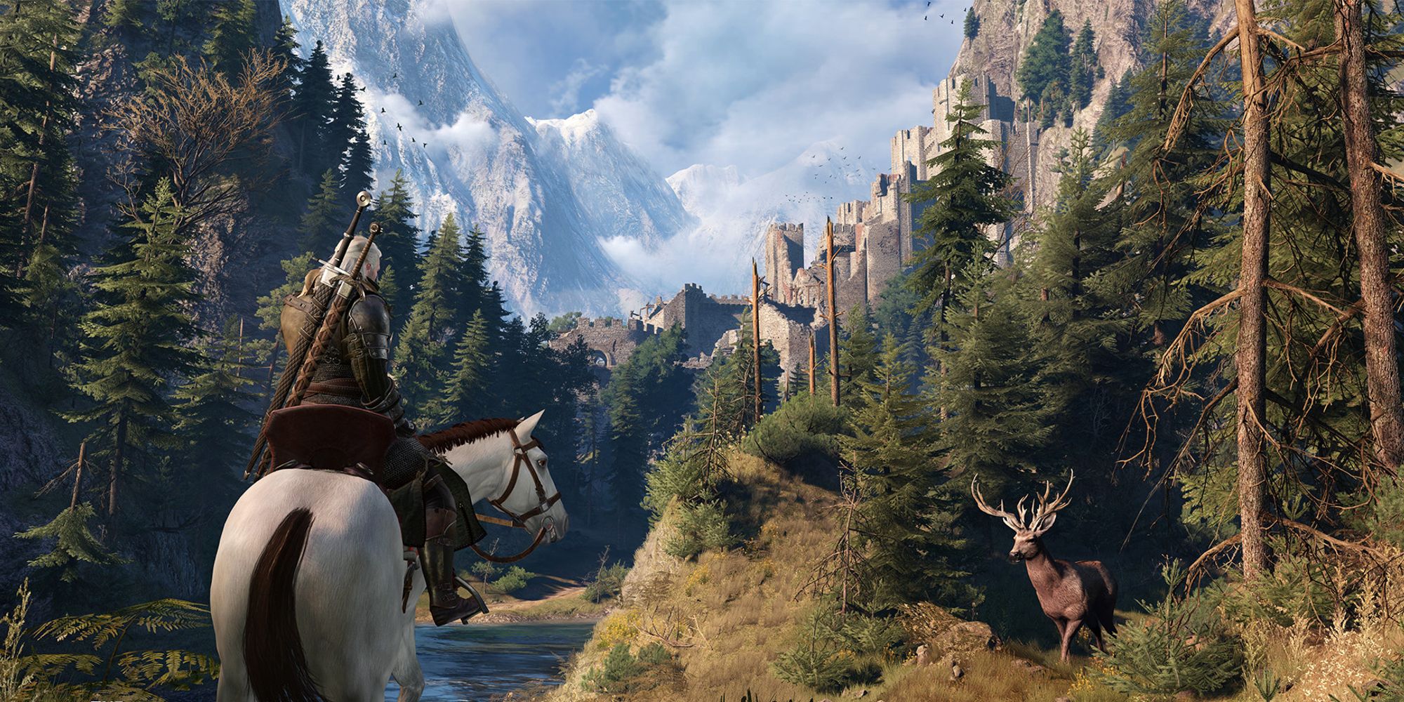 geralt riding a horse with a deer nearby