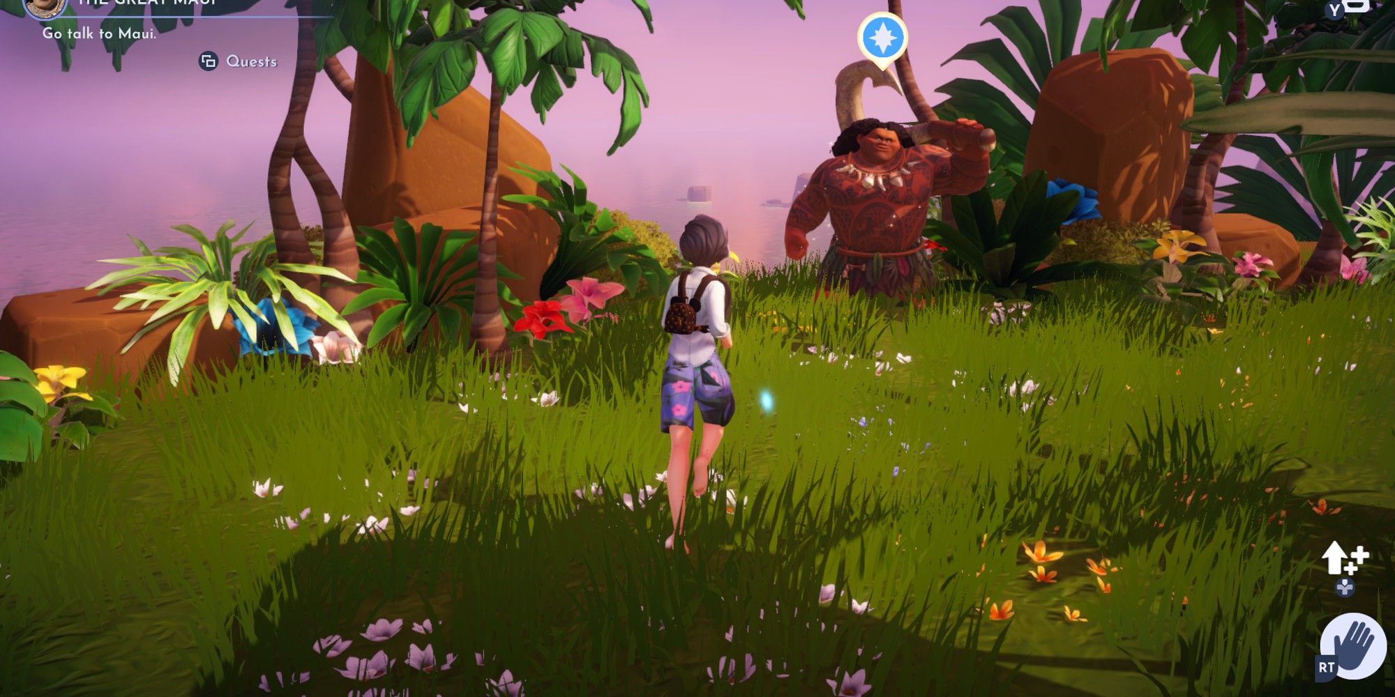 The protagonist greeting Maui in his biome in Dreamlight Valley