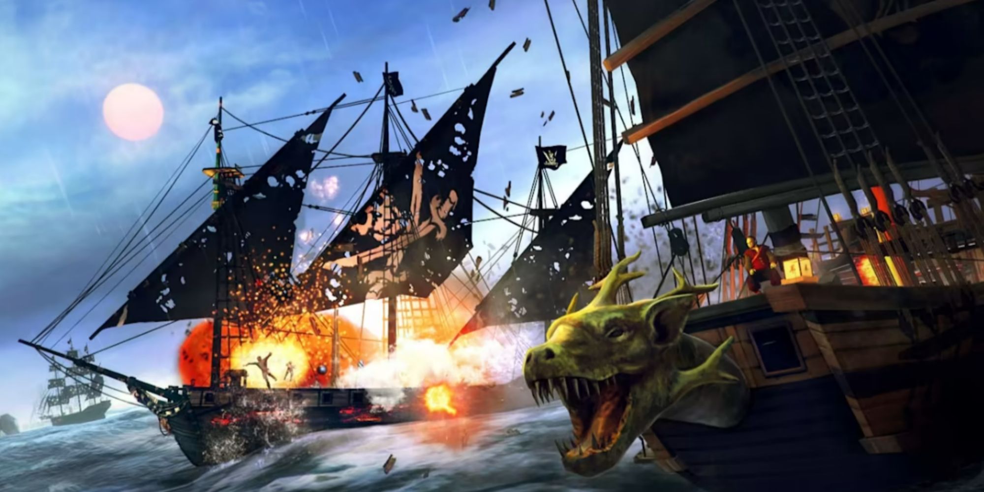 two pirate ships battling in under the jolly roger