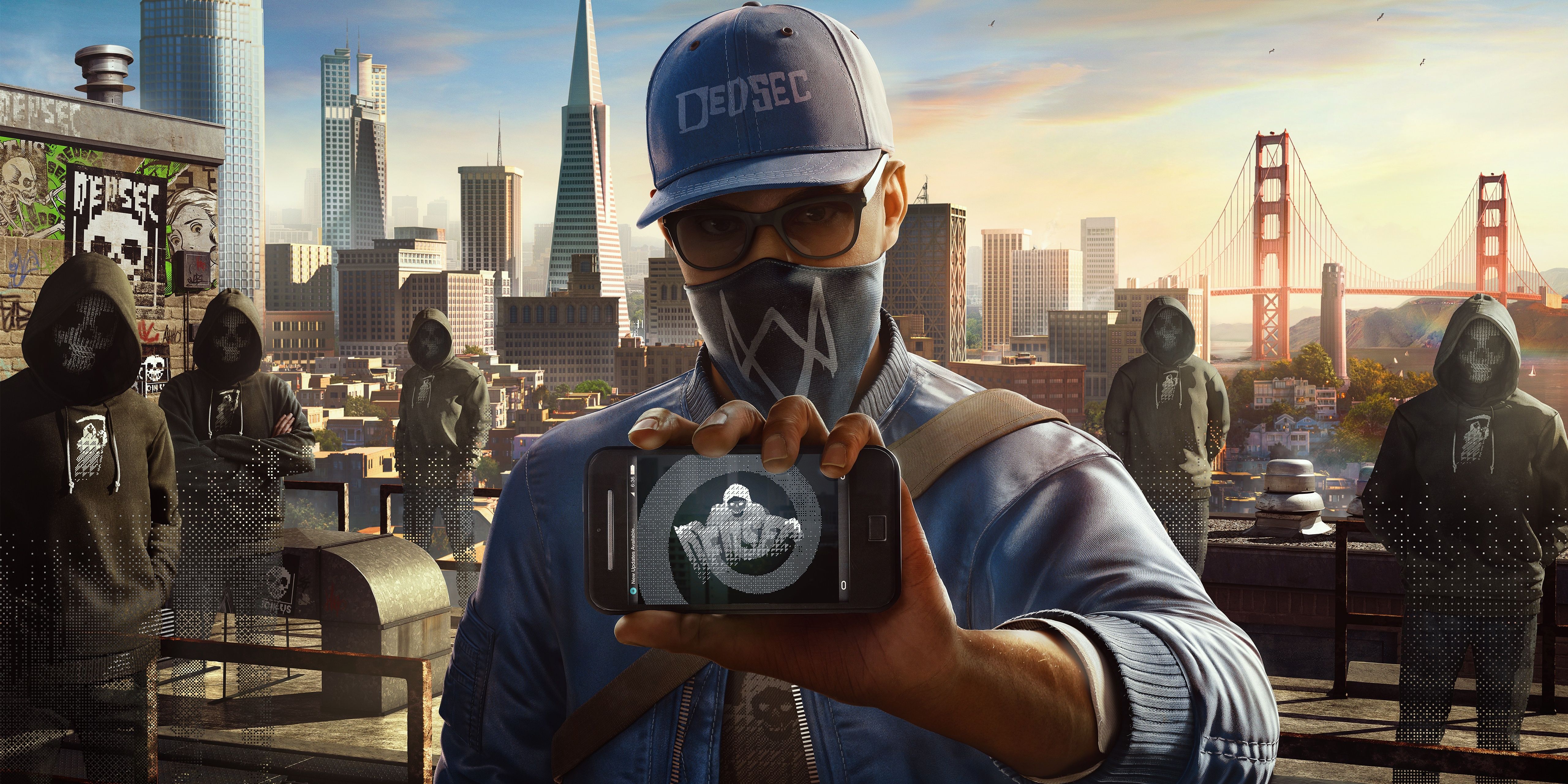 Marcus of Watch Dogs 2 holding a mobile with San Francisco Bay and Golden Gate Bridge in background